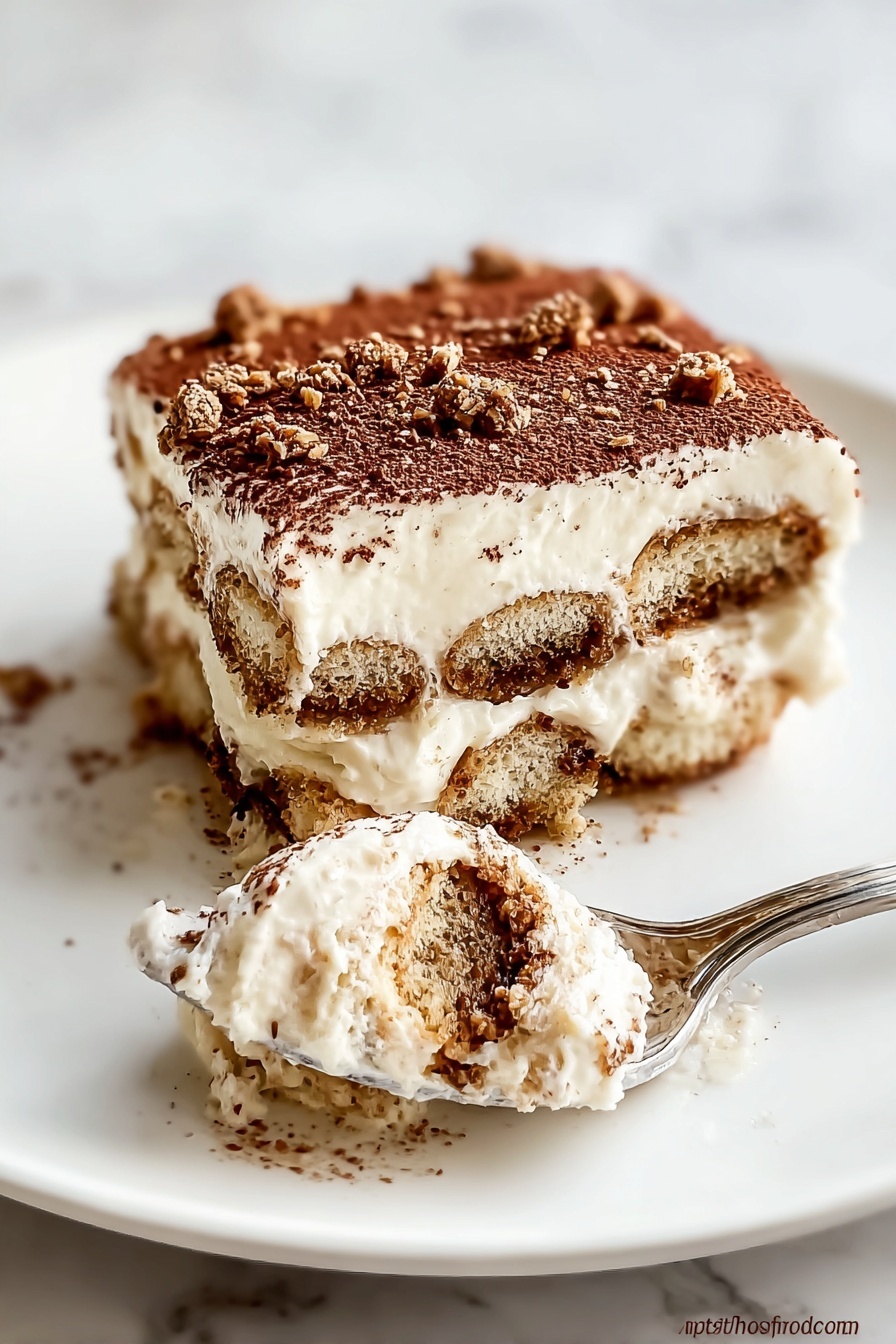 A white plate with a piece of tiramisu that has three visible layers of creamy white mascarpone mixed with light brown coffee-soaked ladyfingers in the middle. The top layer is covered with a dusting of dark brown cocoa powder and small chunks of light brown crumbs scattered over it. A silver spoon holding a scoop of the creamy dessert is in front of the plate, showing a mix of white cream and coffee-soaked layers. The plate sits on a white marbled surface. photo taken with an iphone --ar 2:3 --v 7 - Gingerbread Tiramisu Dessert, holiday gingerbread tiramisu, festive tiramisu recipe, gingerbread layered dessert, seasonal holiday dessert
