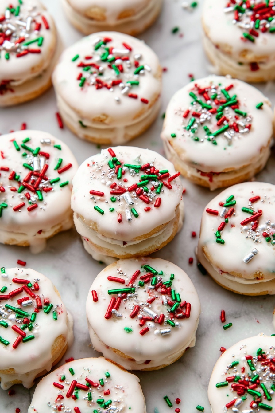 This image shows many small, round sandwich cookies stacked on a white marbled surface. Each cookie has two light golden layers with a white icing layer in the middle, covered on top with a smooth white glaze that drips slightly onto the surface. The tops are decorated with red, green, white, and silver sprinkles in different shapes, including small sticks, balls, and a few Christmas tree shapes. The overall look is festive and bright, with the cookies arranged close to each other, some overlapping. photo taken with an iphone --ar 2:3 --v 7 - Ritz Cracker Peanut Butter White Chocolate Cookies, easy holiday cookie recipe, quick salty sweet cookies, white chocolate peanut butter cookies, no-bake cracker cookies