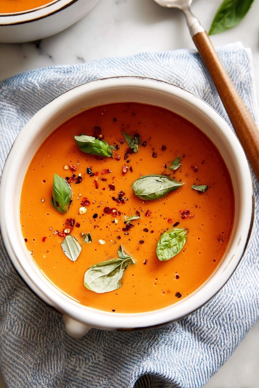 A white round bowl filled with smooth, creamy orange soup, topped with small fresh green basil leaves scattered across the surface. There are tiny bits of black pepper and red chili flakes sprinkled evenly on the soup. The bowl sits on a soft blue and white striped cloth over a white marbled surface, with a wooden spoon handle visible next to it. Photo taken with an iphone --ar 2:3 --v 7 - Creamy Tomato Soup with Fresh Basil, tomato basil soup, homemade tomato soup, easy creamy tomato soup, comforting tomato soup recipe