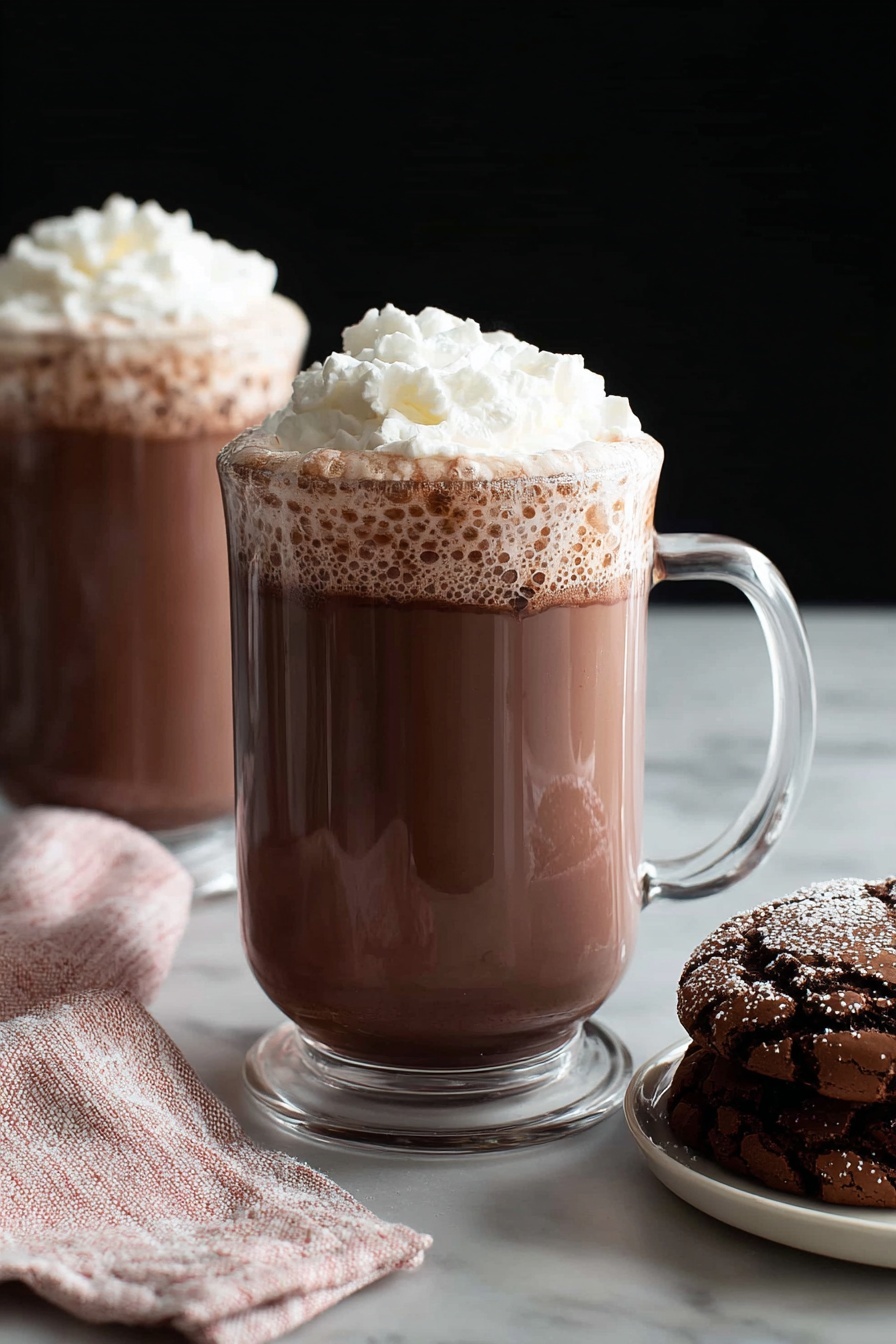 A clear glass mug filled with dark brown hot chocolate topped with a fluffy, uneven swirl of white whipped cream that rises above the rim. The hot chocolate looks thick with small bubbles near the edge under the whipped cream. The mug sits on a white marbled surface, next to a pink and white cloth. In the background, there is another similar glass mug also topped with whipped cream, slightly out of focus, and part of a white plate with a dark brown, cracked cookie. Photo taken with an iphone --ar 2:3 --v 7 - Creamy Homemade Hot Chocolate, hot chocolate recipe, cozy drink ideas, homemade hot cocoa, rich chocolate beverages