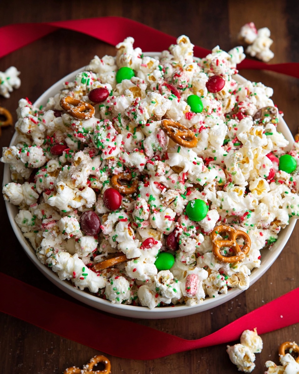 The image shows a close-up of a festive snack mix with three main layers. The base layer is white popcorn, fluffy and uneven in shape, covering most of the frame. Scattered on top are small round candy pieces in red and green, shiny and smooth. There are crunchy pretzels, light brown with a slight gloss, mixed throughout the popcorn and candies. The whole snack mix is sprinkled with tiny red, green, and white round sprinkles, adding a colorful and festive texture over the popcorn, candies, and pretzels. The background surface is a white marbled texture. photo taken with an iphone --ar 4:5 --v 7