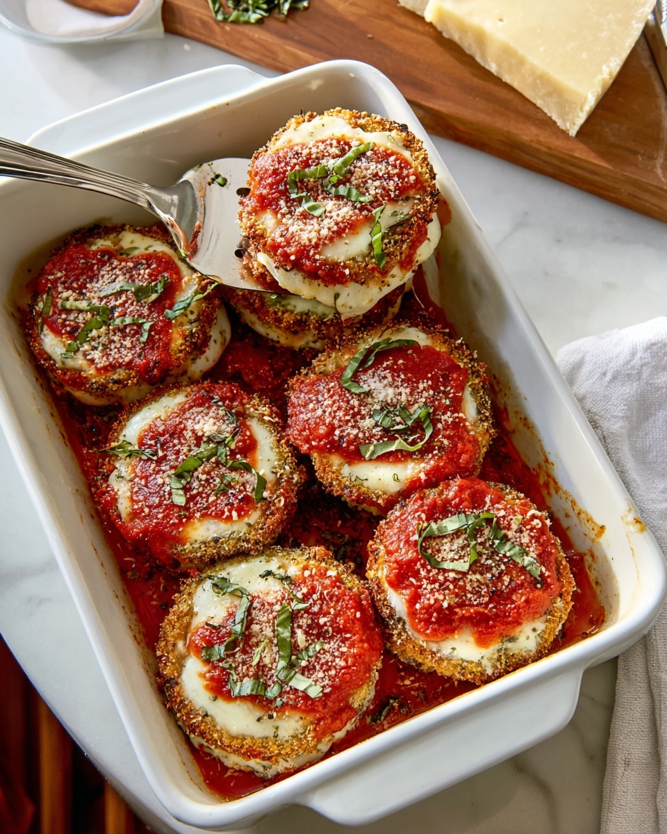 In a white rectangular baking dish on a white marbled surface, there are seven round stacks, each made of three layers: a crispy golden brown outer layer, a middle layer of melted white cheese, and a top layer of red tomato sauce with scattered green basil strips and sprinkled white cheese. The tomato sauce appears thick and evenly spread, covering each round stack fully. A metal spatula is lifting one stack from the dish, showing the melted cheese inside. In the background, a wedge of pale yellow cheese sits on a wooden board near the baking dish. The overall look is warm and fresh with a mix of bright red, green, white, and golden brown colors photo taken with an iphone --ar 4:5 --v 7