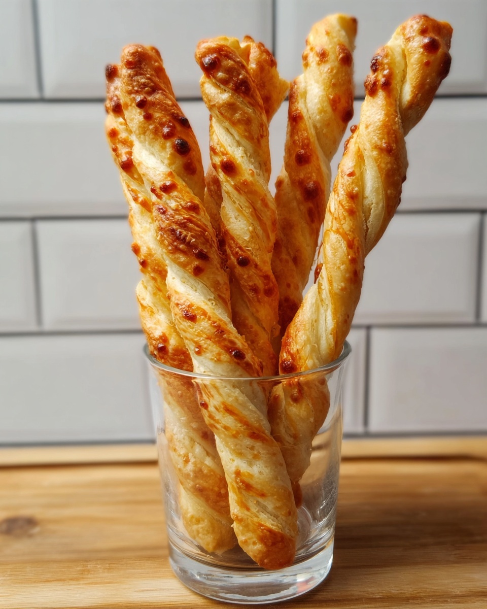 A clear glass holds seven golden-brown twisted breadsticks, each with a shiny, slightly crispy surface showing darker baked spots and small bubbles. The breadsticks are thick, with visible flaky layers spiraling around them, packed closely together and standing upright. The glass sits on a wooden board with a simple white marbled background made of subway tiles. The photo taken with an iphone --ar 4:5 --v 7
