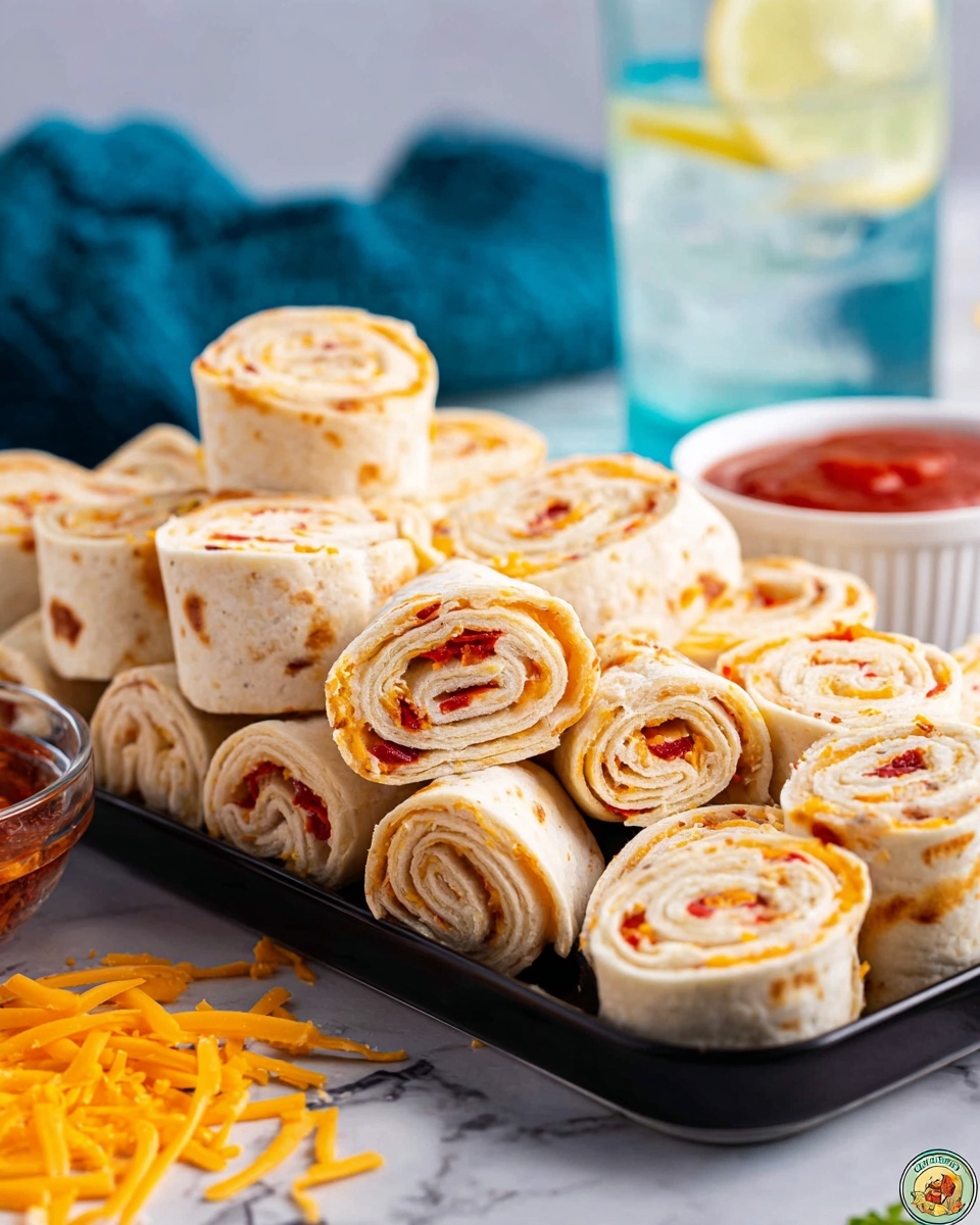 A close-up of a woman's hand holding a small rolled tortilla filled with a creamy white layer mixed with small pieces of yellow and red, dipping it into a clear glass bowl filled with bright red salsa. The bowl is placed on a white plate filled with many small, round tortilla rolls showing the same creamy filling with yellow and red bits. The background has a white marbled texture with some green leaves blurred and a blue cloth behind. Photo taken with an iphone --ar 4:5 --v 7