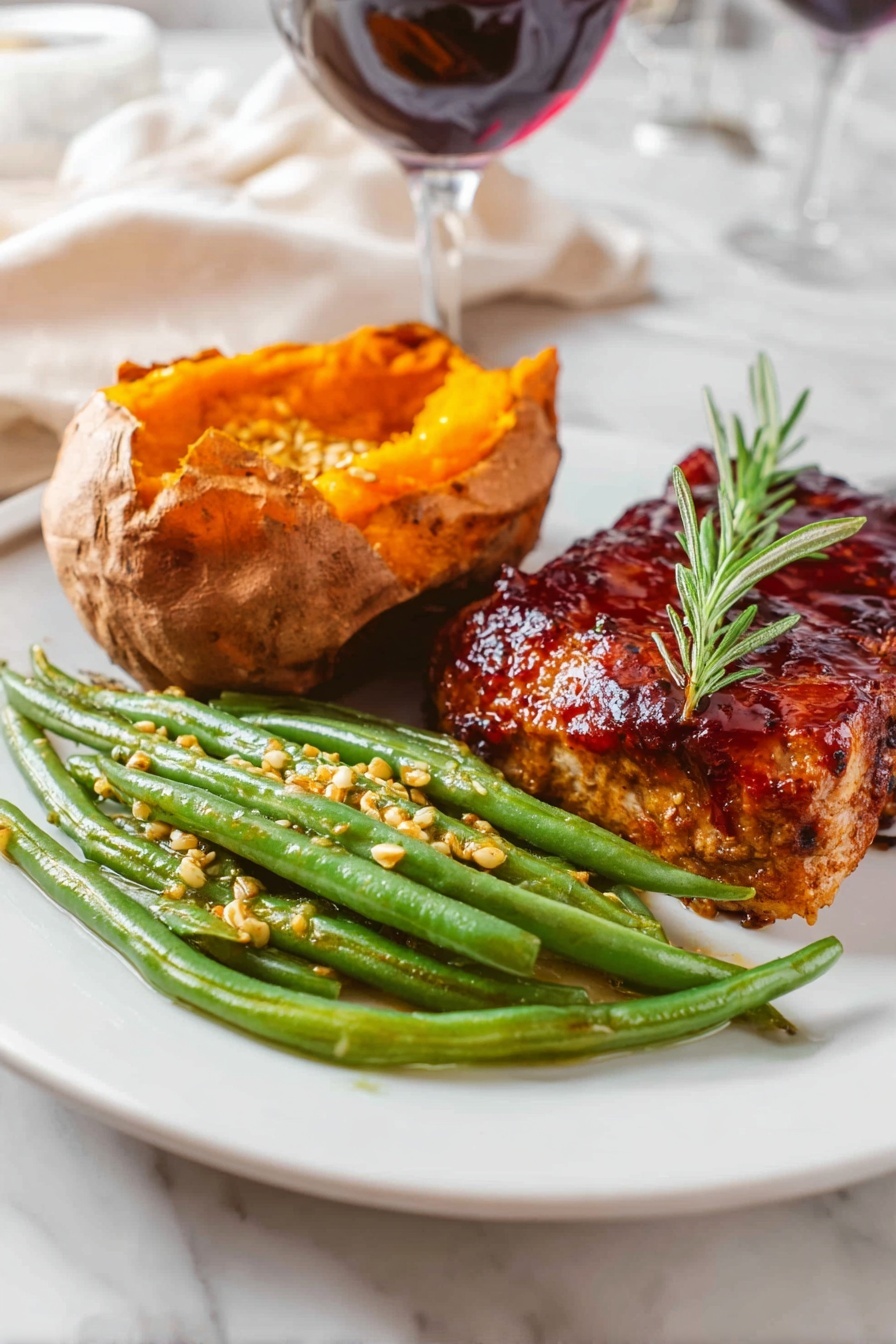 The image shows a white plate with three food items arranged in separate sections. On the right side, there is a thick piece of grilled meat covered with a dark reddish glaze and garnished with a small sprig of green rosemary on top. In the center-left, there is a baked sweet potato, opened to show its bright orange, soft inside. In front of the sweet potato, there is a pile of green beans coated with small mustard seeds and a light sauce, giving them a slightly glossy look. The plate is set on a white marbled surface with blurred background elements including a glass of red wine and white fabric. photo taken with an iphone --ar 2:3 --v 7 - Green Beans with Mustard Butter Sauce, green beans side dish, quick green bean recipe, flavorful vegetable side, easy green bean recipe