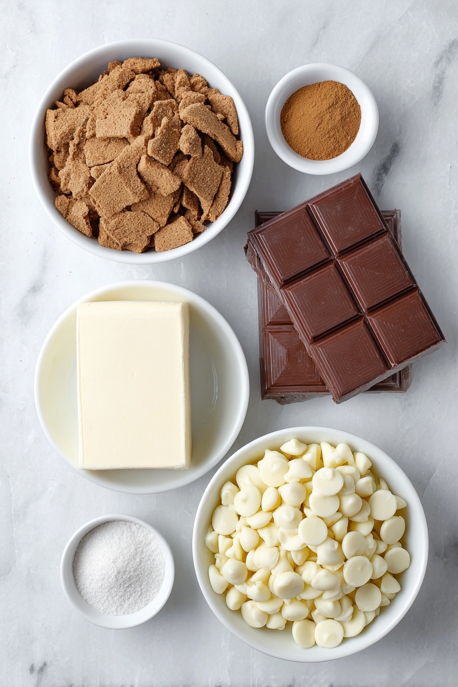 Flat lay of crushed gingerbread cookies in a simple white ceramic bowl, a whole block of cream cheese with one corner sliced revealing the creamy inside, a small white bowl with ground cinnamon powder, a small white bowl with ground nutmeg powder, a small white bowl with ground cloves powder, a small white bowl holding golden vanilla extract, and a simple white ceramic bowl filled with shiny white chocolate chips, placed on a clean white marble surface, soft natural light, photo taken with an iPhone, professional food photography style, fresh ingredients, white ceramic bowls, no bottles, no duplicates, no utensils, no packaging --ar 2:3 --v 7 --p m7354615311229779997 - Gingerbread Truffles, Gingerbread Dessert, Holiday Truffles, White Chocolate Gingerbread, Easy Christmas Treats