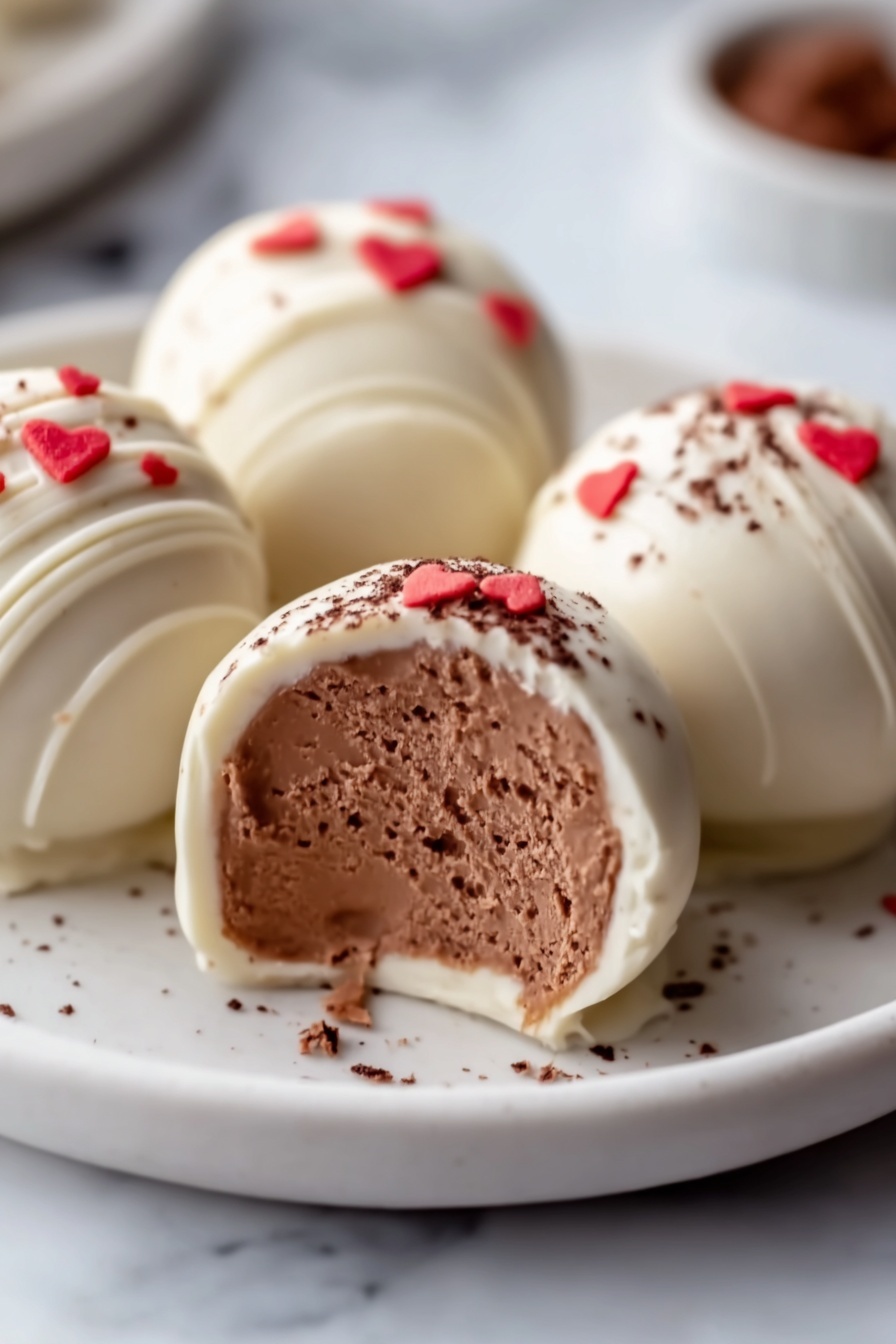 The image shows four round white chocolate-covered truffles placed on a white plate, which sits on a white marbled surface. Each truffle has a smooth, shiny white chocolate coating with a few small red heart-shaped sprinkles on top for decoration. One truffle is cut open to show the inside, revealing a rich, creamy milk chocolate filling with a soft texture. Some cocoa powder is lightly dusted on one of the truffles, adding a dark brown contrast to the white chocolate. The photo taken with an iphone --ar 2:3 --v 7 - Gingerbread Truffles, Gingerbread Dessert, Holiday Truffles, White Chocolate Gingerbread, Easy Christmas Treats