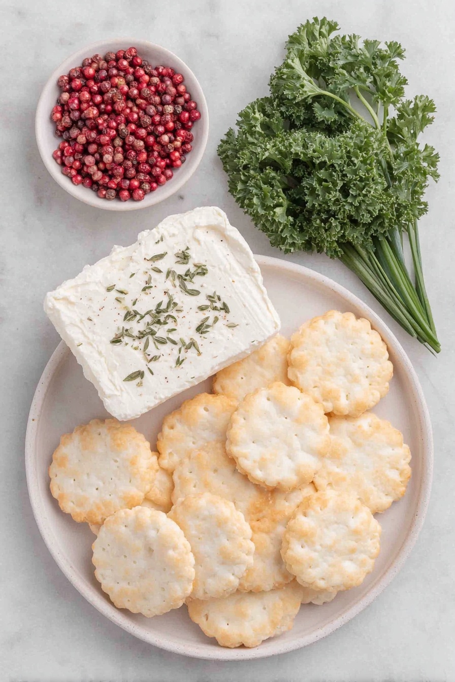 Flat lay of twelve round rice crackers arranged neatly, a small pile of fresh bright green curly parsley leaves, three long vibrant green chive stalks, a small square of creamy herbed goat cheese on a simple white ceramic plate, a cluster of a dozen vivid pink peppercorns in a small white ceramic bowl placed symmetrically, all placed on a clean white marble surface, soft natural light, photo taken with an iPhone, professional food photography style, fresh ingredients, white ceramic bowls, no bottles, no duplicates, no utensils, no packaging --ar 2:3 --v 7 --p m7354615311229779997 - Festive Goat Cheese Christmas Appetizer Bites, Christmas holiday hors d'oeuvres, easy festive appetizer ideas, holiday party finger food, mini goat cheese bites