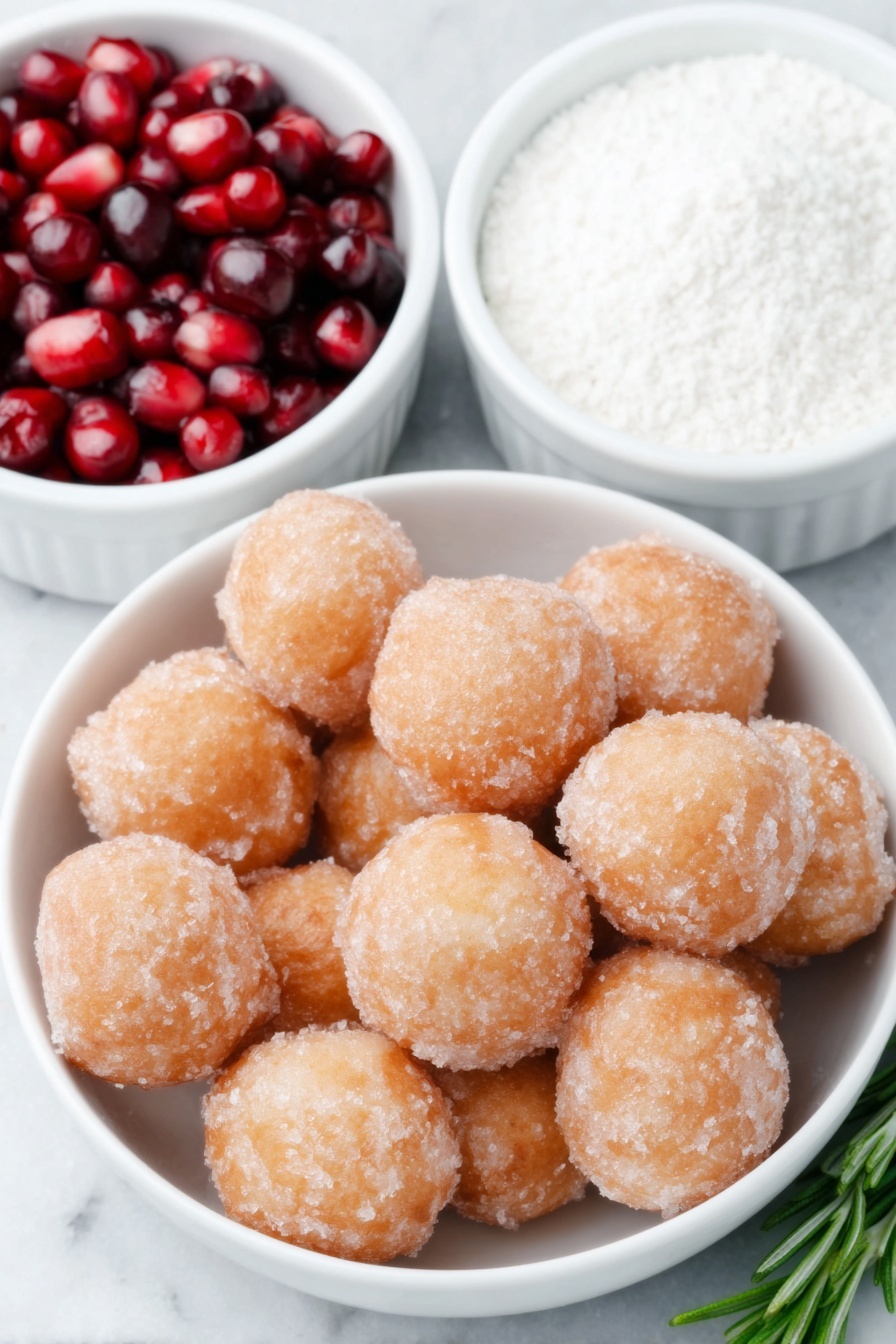 Flat lay of fresh golden donut holes dusted lightly with powdered sugar, a small white ceramic bowl filled with bright red pomegranate arils, several fresh green rosemary sprigs with vibrant needles, and a small white ceramic bowl holding fine white powdered sugar, all arranged symmetrically with balanced spacing, placed on a clean white marble surface, soft natural light, photo taken with an iPhone, professional food photography style, fresh ingredients, white ceramic bowls, no bottles, no duplicates, no utensils, no packaging --ar 2:3 --v 7 --p m7354615311229779997 - Christmas Donut Tree, holiday dessert ideas, festive donut decorations, Christmas party treats, edible holiday centerpiece