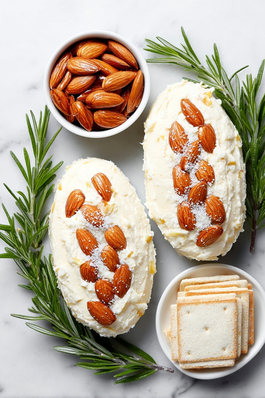 Flat lay of two oval-shaped mounds of creamy Neufchatel cheese mixed with shredded Gruyere cheese, one covered with whole toasted almonds arranged in neat rows, the other adorned with toasted sliced almonds similarly placed, six fresh rosemary sprigs with vibrant green needles artfully tucked around the cheese balls, a small white ceramic bowl filled with dry onion soup mix powder, and a simple white ceramic plate holding a neat stack of golden Wheat Thins crackers, all placed on a clean white marble surface, soft natural light, photo taken with an iPhone, professional food photography style, fresh ingredients, white ceramic bowls, no bottles, no duplicates, no utensils, no packaging --ar 2:3 --v 7 --p m7354615311229779997 - Pinecone Cheese Ball with Almonds and Rosemary, festive cheese ball appetizer, easy party cheese dip, holiday cheese ball recipe, eye-catching appetizer ideas