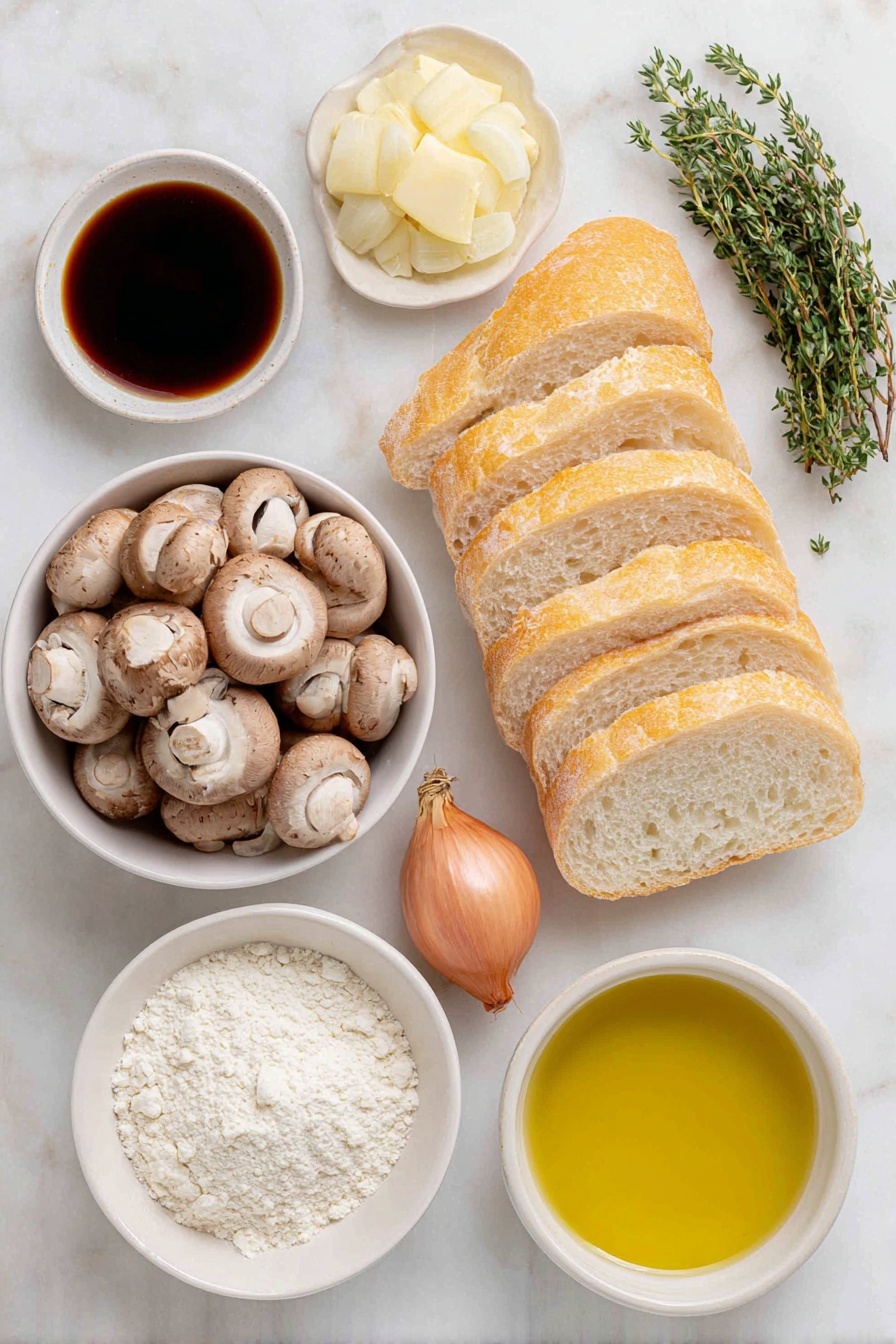 Flat lay of a small bunch of fresh thyme leaves, a cluster of whole cremini mushrooms, a single uncracked shallot with its natural skin, a fresh crusty baguette sliced into about fourteen thin pieces, a small white ceramic bowl filled with golden olive oil, another small white bowl containing dark amber sherry vinegar, a tiny white bowl with fine white flour, and a small bowl holding clear vegetable stock, all arranged with perfect symmetry on a clean white marble surface, soft natural light, photo taken with an iPhone, professional food photography style, fresh ingredients, white ceramic bowls, no bottles, no duplicates, no utensils, no packaging --ar 2:3 --v 7 --p m7354615311229779997 - Mushroom Thyme Crostini, Mushroom Crostini Appetizer, Easy Mushroom Crostini, Elegant Crostini Ideas, Crowd-Pleasing Mushroom Snack