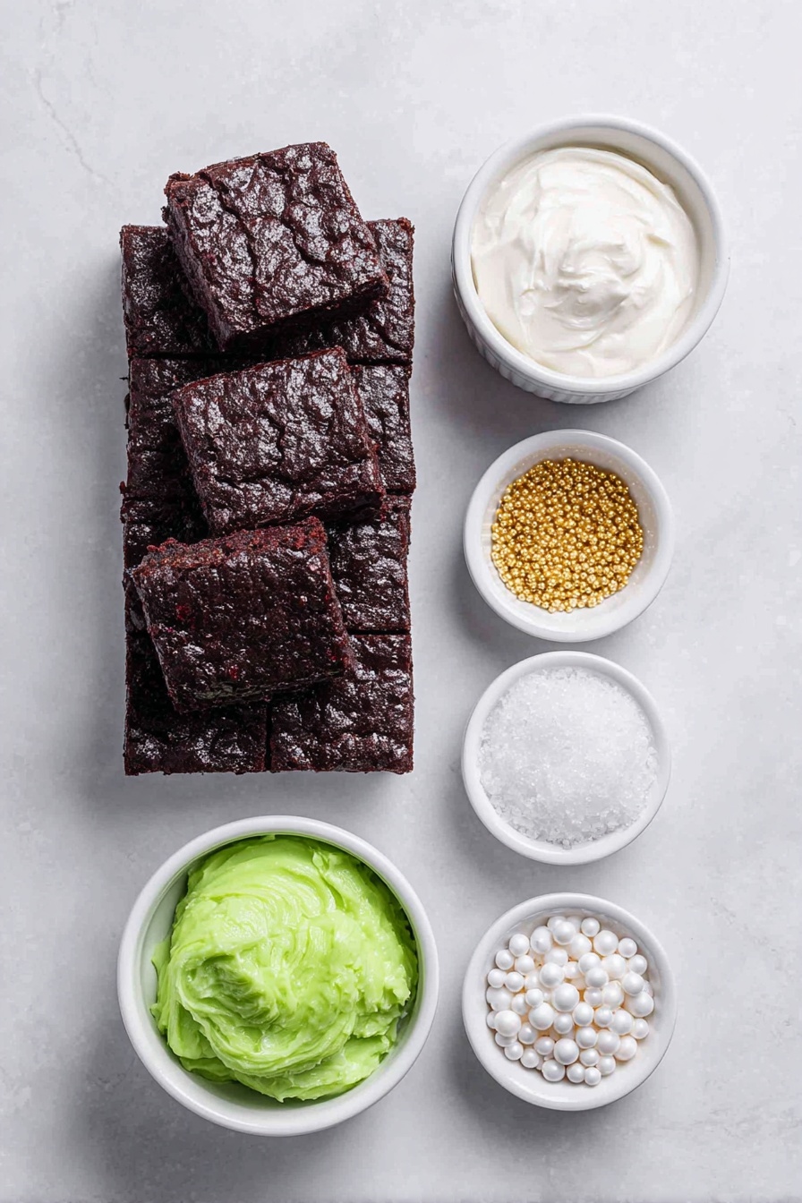 Flat lay of a stack of rich, square homemade brownies with a dark, fudgy texture, a small white ceramic bowl of smooth white frosting, another small white bowl with bright red-tinted frosting, a third small white bowl filled with vibrant green-tinted frosting, a handful of shiny edible gold star sprinkles scattered neatly next to a small pile of glossy white pearl sprinkles, all arranged with perfect symmetry and balance on a clean white marble surface, soft natural light, photo taken with an iPhone, professional food photography style, fresh ingredients, white ceramic bowls, no bottles, no duplicates, no utensils, no packaging --ar 2:3 --v 7 --p m7354615311229779997 - Frosted Christmas Brownies, festive brownie dessert, holiday chocolate brownies, Christmas brownie ideas, Christmas party treats