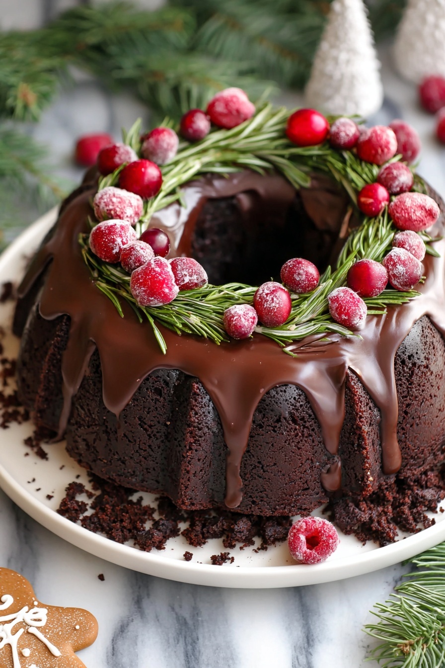 A dark chocolate bundt cake with one thick layer, covered with smooth chocolate glaze that drips down the sides. The top is decorated like a Christmas wreath with green rosemary sprigs arranged around the ring, topped with red raspberries and cranberries placed evenly on the glaze. The cake is on a white plate with crumbled chocolate pieces scattered around the base. The setting includes green pine branches and a small gingerbread man cookie near the plate, all on a white marbled surface. Photo taken with an iphone --ar 2:3 --v 7 - Gingerbread Chocolate Bundt Cake, holiday chocolate cake, spicy gingerbread dessert, moist chocolate cake with spices, festive bundt cake recipe