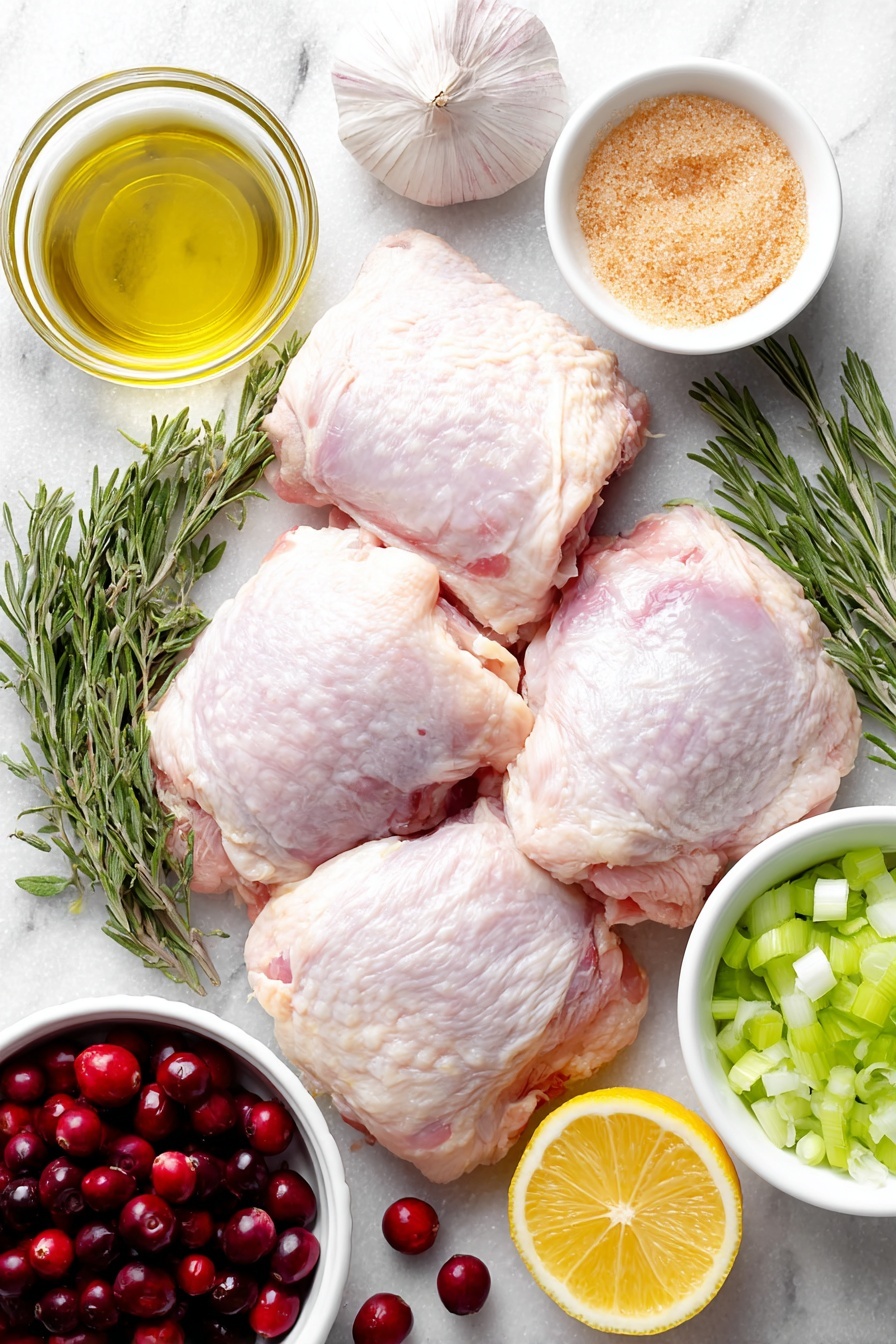 Flat lay of fresh whole bone-in skin-on chicken breasts and thighs arranged neatly, a small pile of bright red fresh cranberries, a small white ceramic bowl filled with golden brown sugar, a small white bowl holding clear white wine vinegar, a small bunch of vibrant green fresh rosemary sprigs, several whole uncracked garlic cloves with papery skins intact, a small white bowl of extra virgin olive oil, chopped pale green celery stalks, chopped large yellow onion pieces, a whole fresh lemon halved to show juicy bright yellow interior, a few sprigs of rosemary for garnish, placed on a clean white marble surface, soft natural light, photo taken with an iPhone, professional food photography style, fresh ingredients, white ceramic bowls, no bottles, no duplicates, no utensils, no packaging --ar 2:3 --v 7 --p m7354615311229779997 - Cranberry Rosemary Baked Chicken, Cranberry Rosemary Chicken, Baked Chicken with Cranberries, Holiday Chicken Recipes, Easy Fall Dinner Ideas