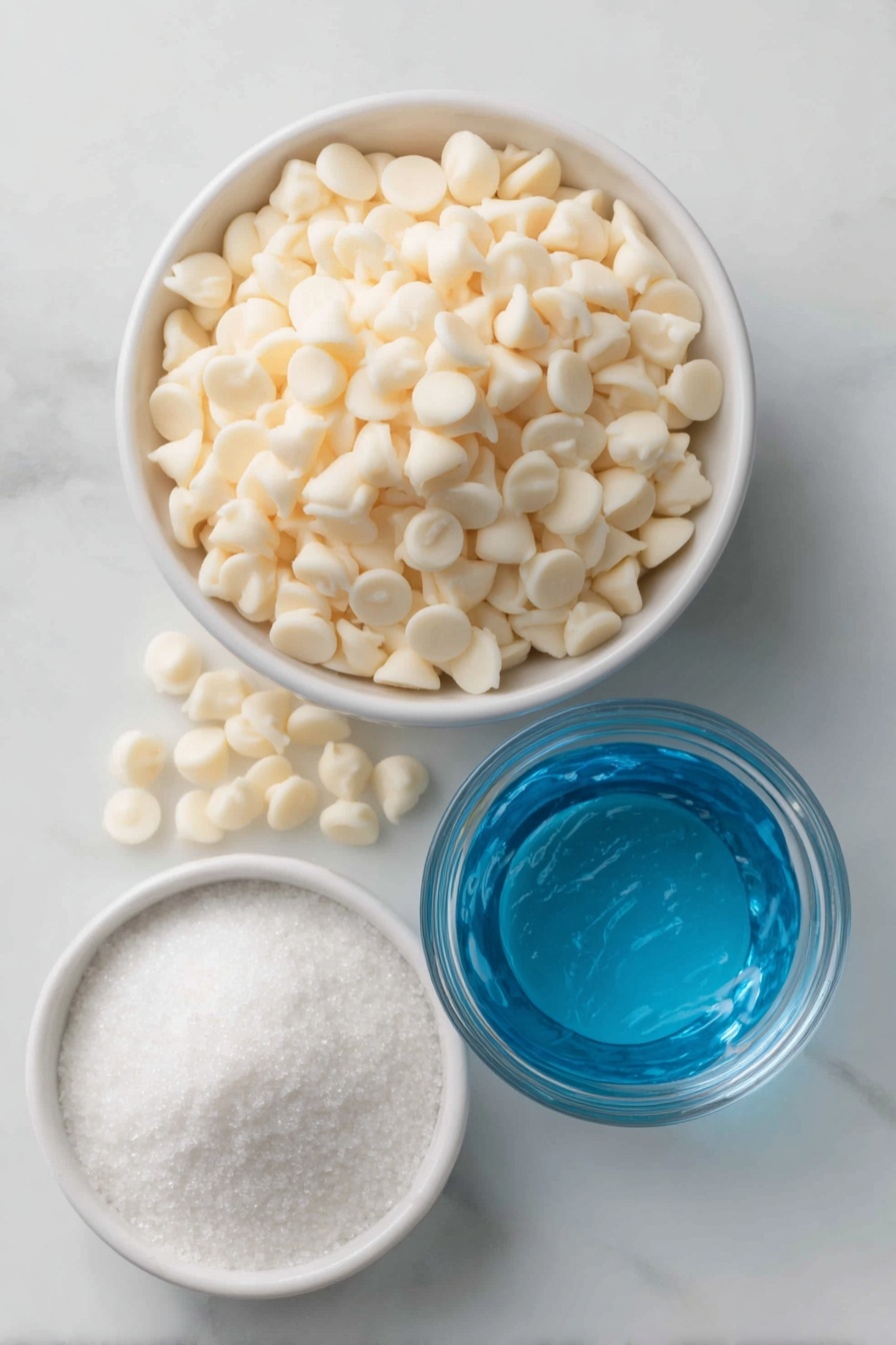 Flat lay of white chocolate chips scattered loosely, a small white ceramic bowl of heavy cream, a small white ceramic bowl filled with vibrant blue liquid Blue Curacao, and a small white ceramic bowl holding sparkling white sanding sugar, all arranged symmetrically and balanced, placed on a clean white marble surface, soft natural light, photo taken with an iPhone, professional food photography style, fresh ingredients, white ceramic bowls, no bottles, no duplicates, no utensils, no packaging --ar 2:3 --v 7 --p m7354615311229779997 - Blue Christmas Chocolate Truffles, festive holiday treats, white chocolate truffles, blue curacao desserts, holiday gift ideas