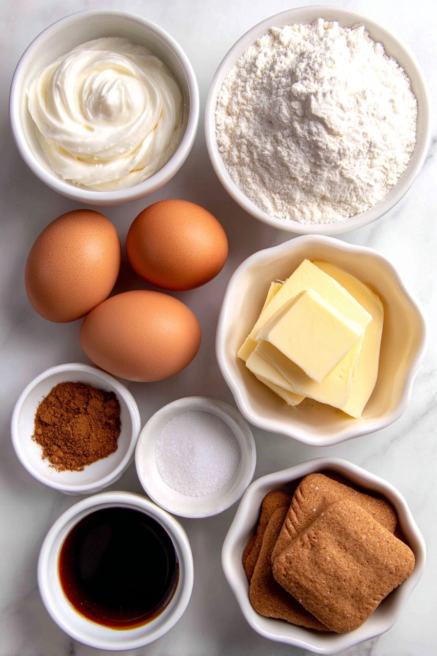 Flat lay of three whole brown eggs with clean shells, a small mound of all-purpose flour on a white ceramic plate, a small white bowl of ground cinnamon, a small white bowl of ground cloves, a small white bowl of ground ginger, a small white bowl of kosher salt, a small white bowl of baking soda, a small white bowl of dark molasses, a small pat of melted butter on a white ceramic dish, a small white bowl of granulated sugar, a small white bowl of confectioners’ sugar, a white ceramic bowl of softened cream cheese, a small pat of unsalted butter on a white ceramic dish, a small white bowl of vanilla extract, a small white bowl of minced crystallized ginger, a few gingerbread cookies placed simply, all arranged symmetrically and naturally fresh, placed on a clean white marble surface, soft natural light, photo taken with an iPhone, professional food photography style, fresh ingredients, white ceramic bowls, no bottles, no duplicates, no utensils, no packaging --ar 2:3 --v 7 --p m7354615311229779997 - Christmas Gingerbread Swiss Cake Roll, holiday gingerbread cake, festive Swiss roll dessert, spiced Christmas cake roll, gingerbread filled cake