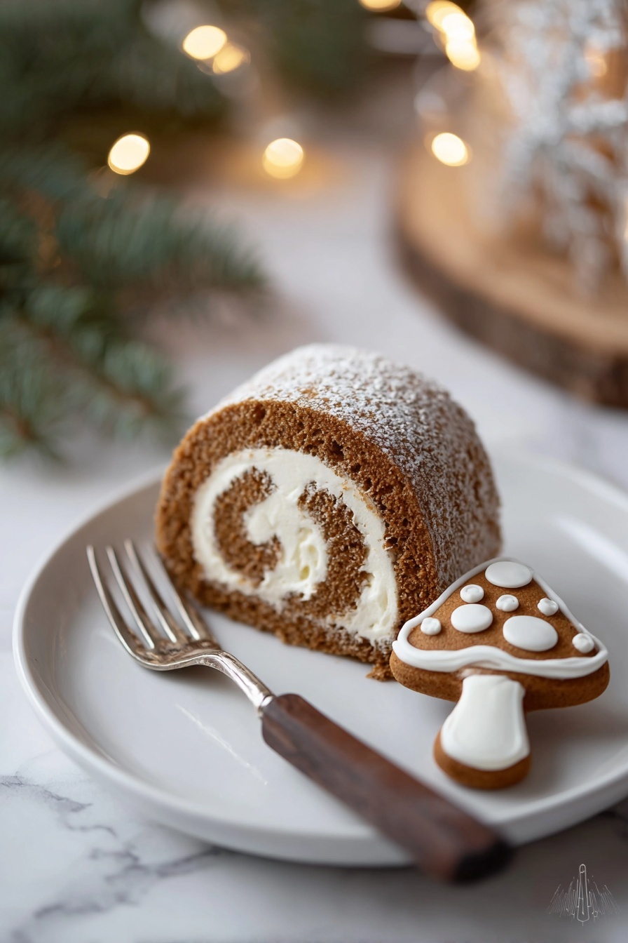 A white plate holds a single slice of brown cake roll with a light cream swirl inside, positioned near the center. Next to the cake roll, on the right side, is a small mushroom-shaped cookie decorated with white icing that looks like spots on the mushroom cap. Behind the plate, a silver fork with a dark wooden handle rests on the plate's edge. The scene is softly lit by small warm string lights in the blurred background, set on a white marbled surface with a hint of green from a pine branch on the left side. Photo taken with an iphone --ar 2:3 --v 7 - Christmas Gingerbread Swiss Cake Roll, holiday gingerbread cake, festive Swiss roll dessert, spiced Christmas cake roll, gingerbread filled cake