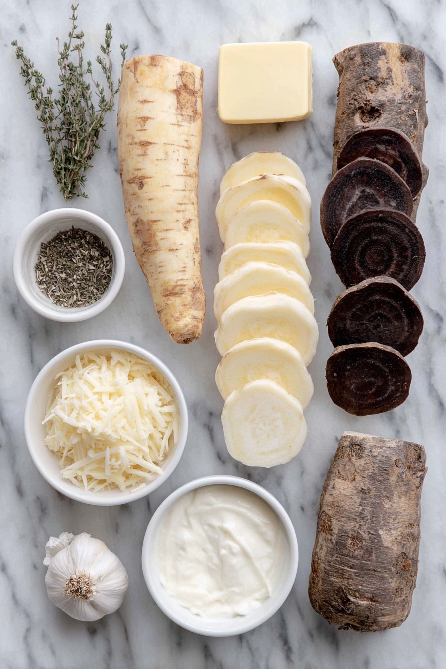 Flat lay of a small pat of unsalted butter, a long whole peeled sweet potato sliced in thin rounds, large peeled parsnips sliced in thin rounds, small peeled beets sliced in thin rounds, a small white bowl filled with heavy cream, a small white bowl of grated Parmesan cheese, a small white bowl of fresh minced thyme, a single garlic clove, a small white bowl with shredded Gruyere cheese, salt and pepper scattered naturally around, placed on a clean white marble surface, soft natural light, photo taken with an iPhone, professional food photography style, fresh ingredients, white ceramic bowls, no bottles, no duplicates, no utensils, no packaging --ar 2:3 --v 7 --p m7354615311229779997 - Cheesy Root Vegetable Gratin, root vegetable gratin, cheesy vegetable bake, holiday vegetable side dish, comforting root veggie casserole