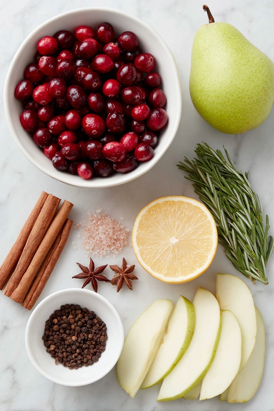 Flat lay of fresh cranberries in a small white ceramic bowl, three cinnamon sticks arranged neatly, two sprigs of vibrant green rosemary, a few whole cloves scattered on the surface, a quartered bright orange with visible juicy segments, a few slices of red apple, a few slices of green pear, thin lemon slices with visible texture, a small cluster of whole allspice berries, two whole star anise pods, and a couple of dark whole vanilla beans, all placed with perfect symmetry on a clean white marble surface, soft natural light, photo taken with an iPhone, professional food photography style, fresh ingredients, white ceramic bowls, no bottles, no duplicates, no utensils, no packaging --ar 2:3 --v 7 --p m7354615311229779997 - Festive Christmas Potpourri, Christmas Potpourri Aromas, Holiday Home Fragrance, Christmas Scented Potpourri, Festive Holiday Decor