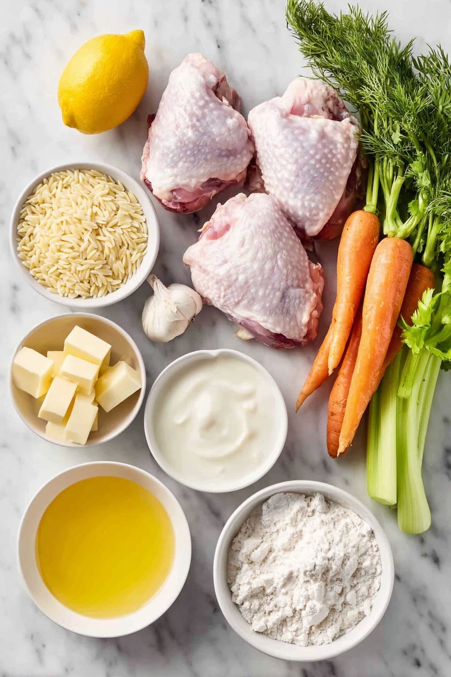 Flat lay of a simple white ceramic bowl of uncooked dry orzo pasta shaped like small rice grains, two large raw chicken thighs with natural skin texture, a whole fresh lemon with bright yellow peel, a small white bowl filled with heavy cream, a small white bowl containing freshly squeezed lemon juice with visible lemon zest, a bunch of fresh green dill sprigs, a few fresh parsley sprigs, a large yellow onion whole and unpeeled, four whole large carrots with bright orange skin and green tops trimmed, two fresh celery stalks with crisp leaves, eight whole garlic cloves with papery skin, a small pile of all-purpose flour, and a few cubes of unsalted butter arranged neatly, all placed on a clean white marble surface, soft natural light, photo taken with an iPhone, professional food photography style, fresh ingredients, white ceramic bowls, no bottles, no duplicates, no utensils, no packaging --ar 2:3 --v 7 --p m7354615311229779997 - Lemon Chicken Orzo Soup, Lemon Chicken Soup, Chicken Orzo Soup, Fresh Lemon Soup, Cozy Chicken Soup