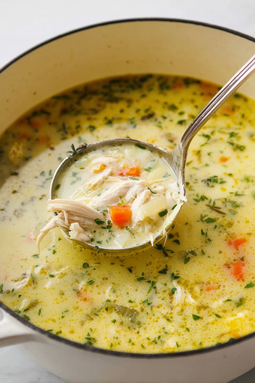 A close-up view of creamy chicken soup served in a large white pot with a dark rim, filled with a yellowish broth with green herb pieces swirled throughout. A silver ladle is lifting a portion of the soup, showing tender white chicken pieces, orange carrot chunks, and small green herb leaves floating in the thick, smooth broth. The pot sits on a white marbled surface. Photo taken with an iphone --ar 2:3 --v 7 - Lemon Chicken Orzo Soup, Lemon Chicken Soup, Chicken Orzo Soup, Fresh Lemon Soup, Cozy Chicken Soup