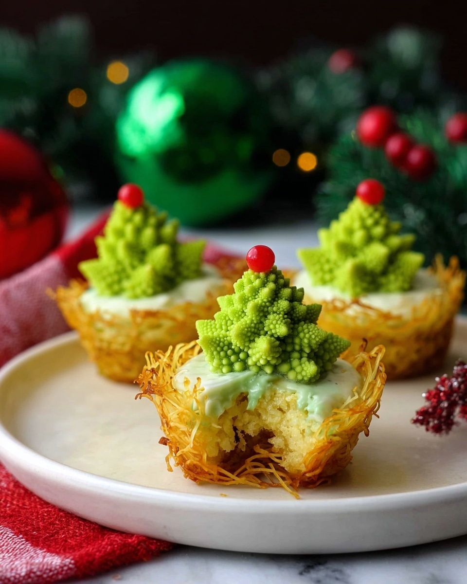 The image shows small food cups with three main layers. The bottom layer looks like a golden, crispy nest made of thin strands, slightly curved up around the edges. The middle layer is creamy white and smooth, sitting just inside the nest. On top, there is a bright green piece of Romanesco broccoli shaped like a small Christmas tree, with a small red topping placed right at its peak. One cup is closer to the front with a bite taken out, showing the layers inside clearly. These cups are on a white round plate with a red edge, placed on a white marbled surface with a folded red and white cloth nearby. The background is dark with green and red Christmas decorations. Photo taken with an iphone --ar 4:5 --v 7