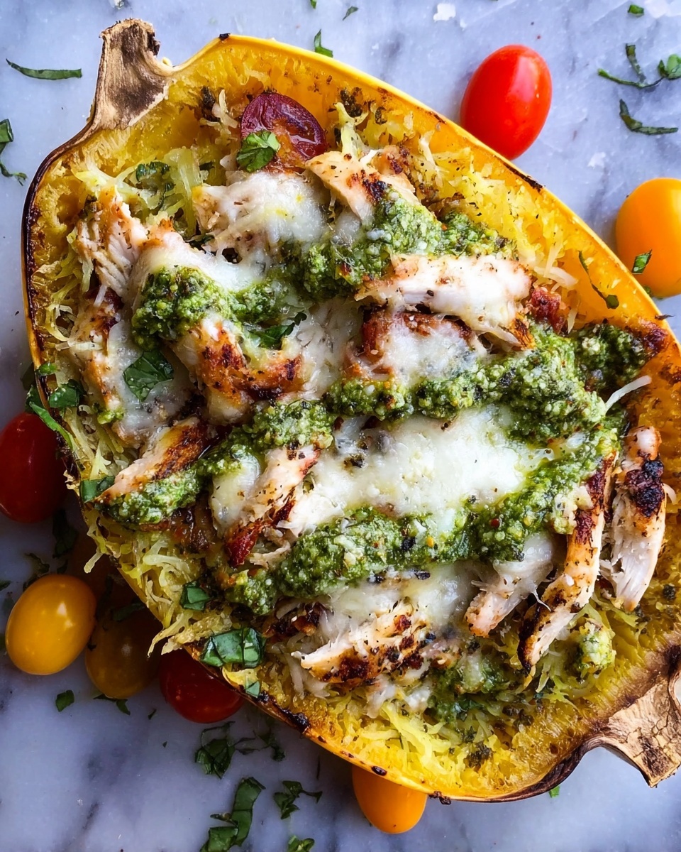 The image shows a halved yellow spaghetti squash filled with multiple layers: a base of cooked squash with a slightly charred edge, topped with several pieces of light golden-brown cooked chicken strips arranged in a scattered pile, melted white cheese spread unevenly across the top, and green pesto sauce dolloped generously over the chicken and cheese. Around the squash on the white marbled surface, there are small orange and red cherry tomatoes, adding bright color contrast. The dish has a rustic, slightly messy look with pesto spots on the surface photo taken with an iphone --ar 4:5 --v 7