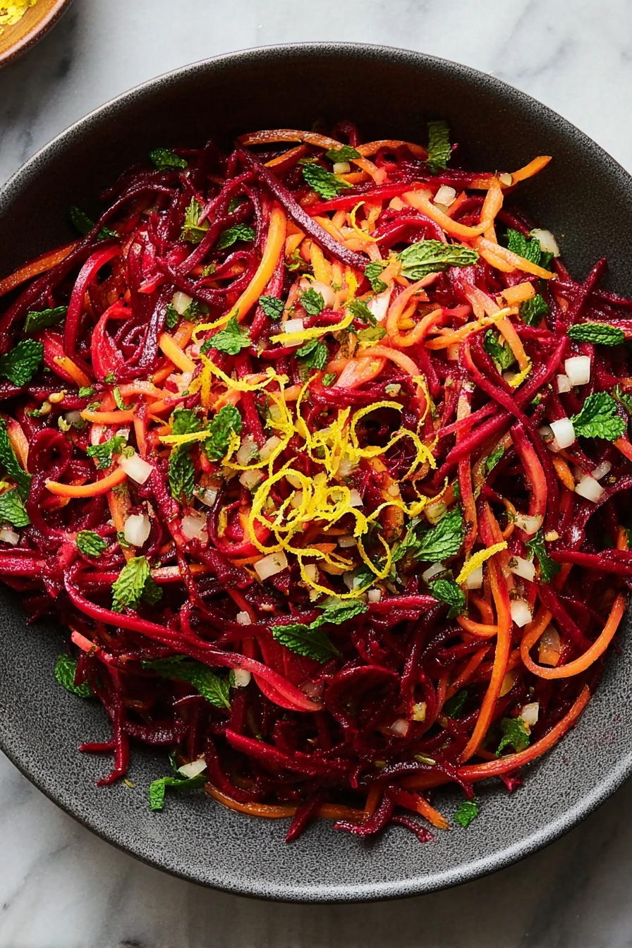 A dark gray bowl filled with a colorful salad made of thin, long strands of deep red beets layered with thin orange carrot strips, scattered with fresh green mint leaves and parsley, small diced white bits, and thin yellow lemon zest curls spread evenly on top, all sitting on a white marbled surface, photo taken with an iphone --ar 2:3 --v 7 - Grated Beet Salad with Fresh Herbs, beet salad recipe, healthy beet salad, fresh herb salad, easy vegetable salads