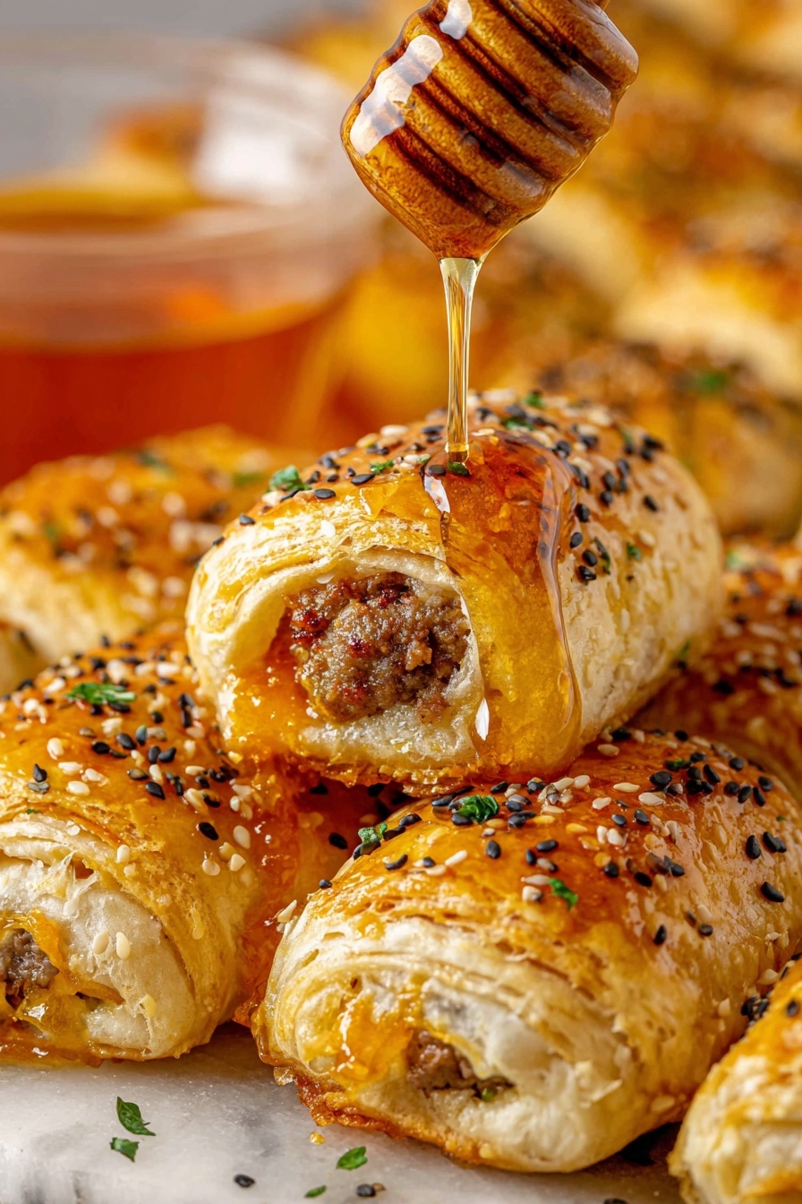 A close-up view of golden brown sausage rolls arranged side by side on a white marbled surface, each roll showing flaky, layered pastry with a shiny glazed top speckled with black and white sesame seeds and bits of green herbs. One sausage roll is held slightly above the rest, partially open at the end, revealing a juicy, crumbly meat filling mixed with melted orange cheese inside. Above the open sausage roll, amber honey is being drizzled slowly from a wooden honey dipper, creating a glossy stream of honey that falls onto the pastry. A translucent glass bowl filled with more honey appears blurred to the left in the background. photo taken with an iphone --ar 2:3 --v 7 - Hot Honey Sausage Rolls with Thyme, savory sausage rolls with honey and thyme, flaky pastry sausage bites, spicy honey sausage snack, easy savory sausage appetizers