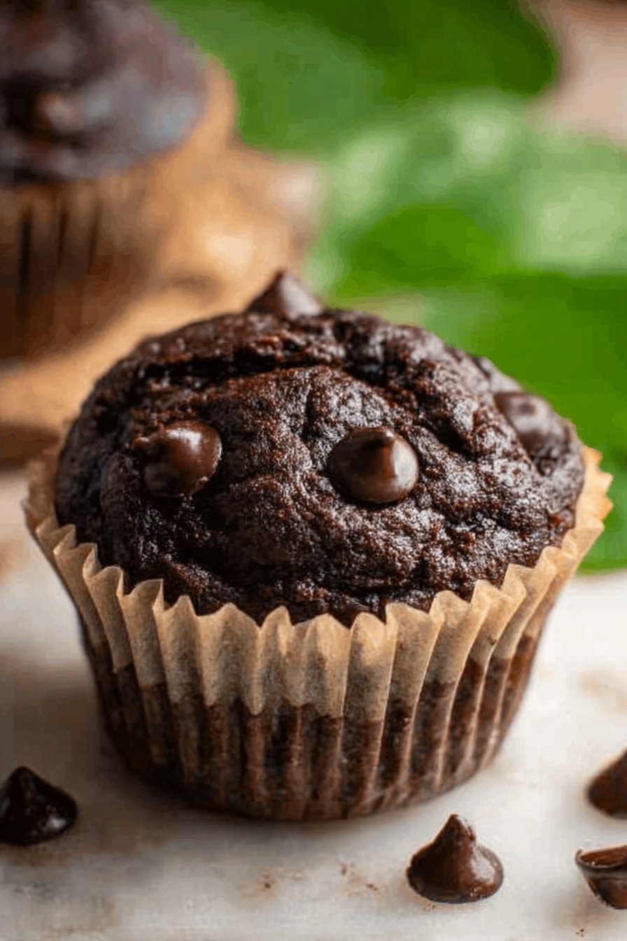 A close-up of a dark chocolate muffin sitting on a wrinkled beige paper liner, with several shiny dark chocolate chips scattered on top and around the muffin. The muffin has a rough, textured top with slight cracks and a rich dark brown color. The background has a soft focus with green leaves blurred behind. The surface under the muffin is white marbled texture. photo taken with an iphone --ar 2:3 --v 7 - Healthy Chocolate Spinach Muffins, chocolate spinach muffins, healthy quick breakfast muffins, moist chocolate healthy muffins, veggie-packed chocolate muffins
