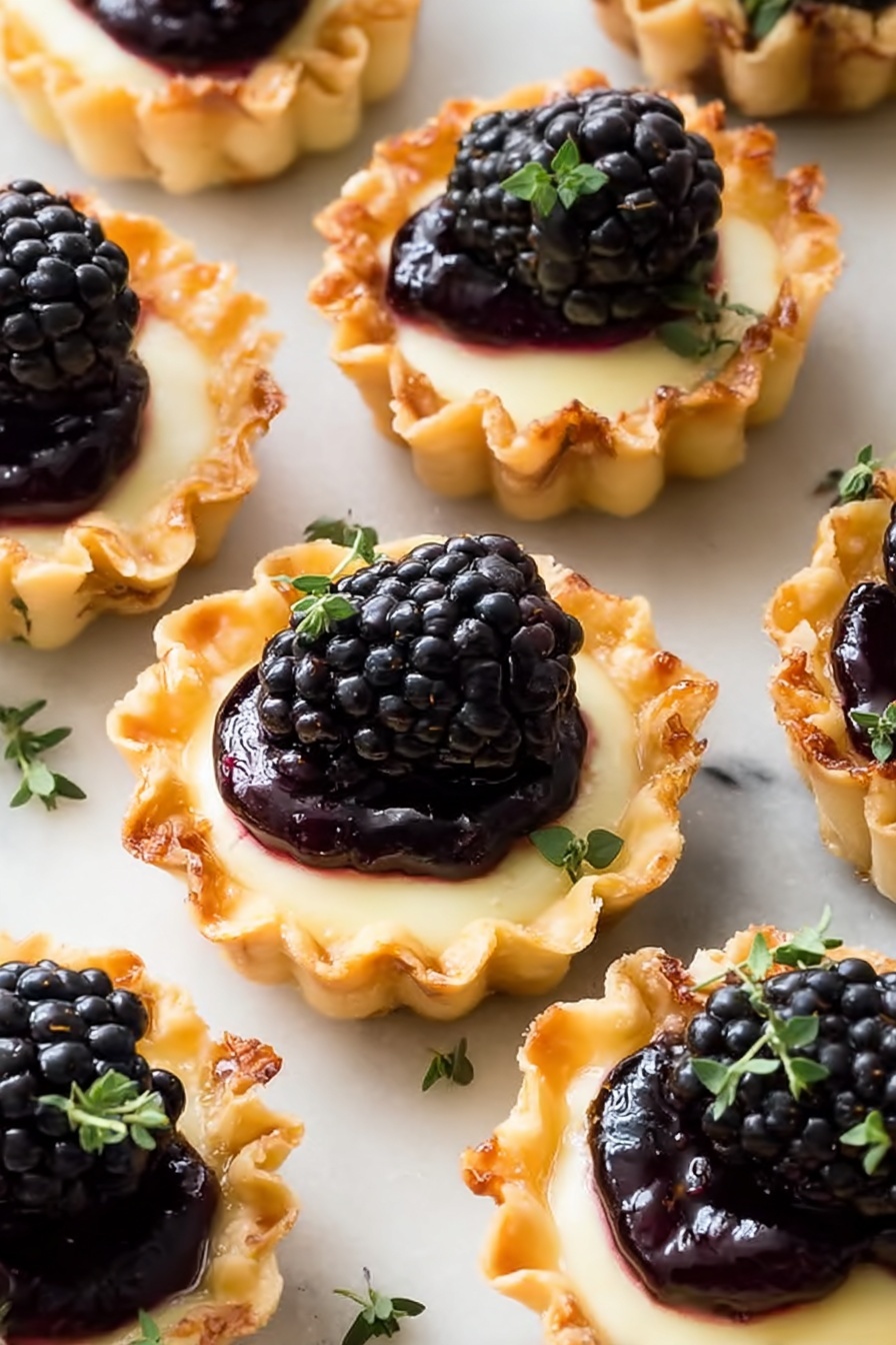 The image shows many small tartlets arranged closely on a white marbled surface. Each tartlet has a golden, crispy shell with ruffled edges. Inside, there is a smooth, creamy pale yellow layer topped with a glossy dark purple blackberry compote. A shiny, plump blackberry is placed on top of the compote in each tartlet. Small green herb leaves are sprinkled around the tartlets and on top for decoration. The light highlights the textures, making the blackberries look juicy and the tart shells crisp. photo taken with an iphone --ar 2:3 --v 7 - Blackberry Brie Phyllo Cups, blackberry brie appetizer, easy party appetizers, fruit and cheese bites, no-bake finger foods
