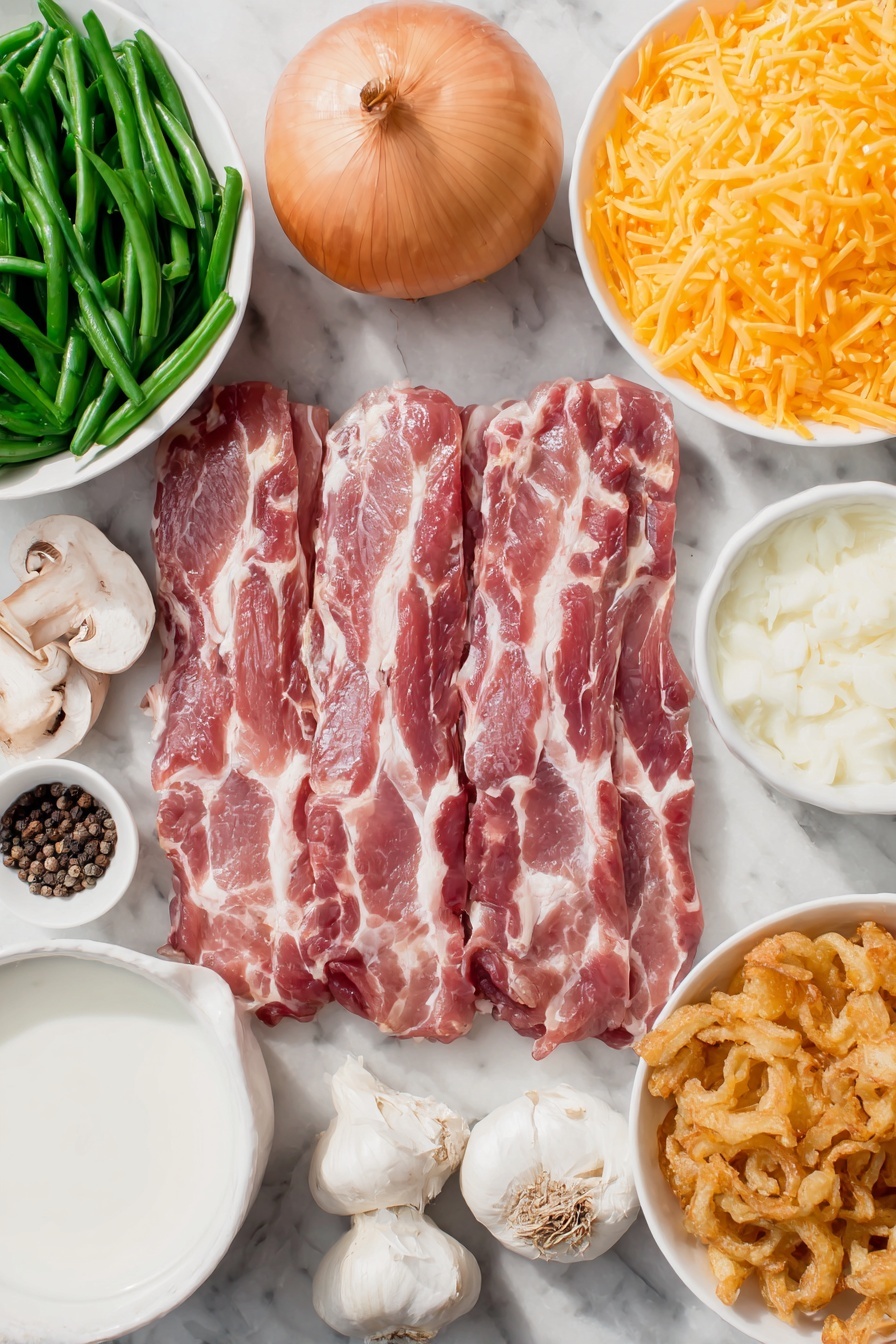 Flat lay of six raw bacon strips with visible marbling, a halved yellow onion showing its crisp layers, a small mound of chopped fresh button mushrooms, three garlic cloves with papery skins intact, a small white ceramic bowl filled with creamy mushroom soup, a small white bowl holding whole milk, a neat pile of shredded Monterey Jack cheese, a pinch of coarse salt crystals and whole black peppercorns arranged side by side, a small white bowl containing freshly drained cut green beans, and a small white bowl filled with golden French fried onions, all placed on a clean white marble surface, soft natural light, photo taken with an iPhone, professional food photography style, fresh ingredients, white ceramic bowls, no bottles, no duplicates, no utensils, no packaging --ar 2:3 --v 7 --p m7354615311229779997 - Green Bean Casserole with Bacon and Mushrooms, green bean casserole recipe, bacon mushroom casserole, savory green bean dish, easy holiday casserole