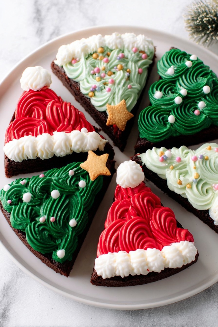 The image shows six triangular chocolate cake slices placed on a large white plate with a white marbled background. Three slices are decorated like Santa hats with smooth red icing swirls covering the top, a band of white fluffy icing at the base, and a small white icing pompom on the point. The other three slices are decorated like Christmas trees with green icing swirls, small white round sprinkles resembling snow, and a small yellow star-shaped biscuit at the top point. The cakes are arranged in a circle, alternating red and green decorated slices. Photo taken with an iphone --ar 2:3 --v 7 - Frosted Christmas Brownies, festive brownie dessert, holiday chocolate brownies, Christmas brownie ideas, Christmas party treats