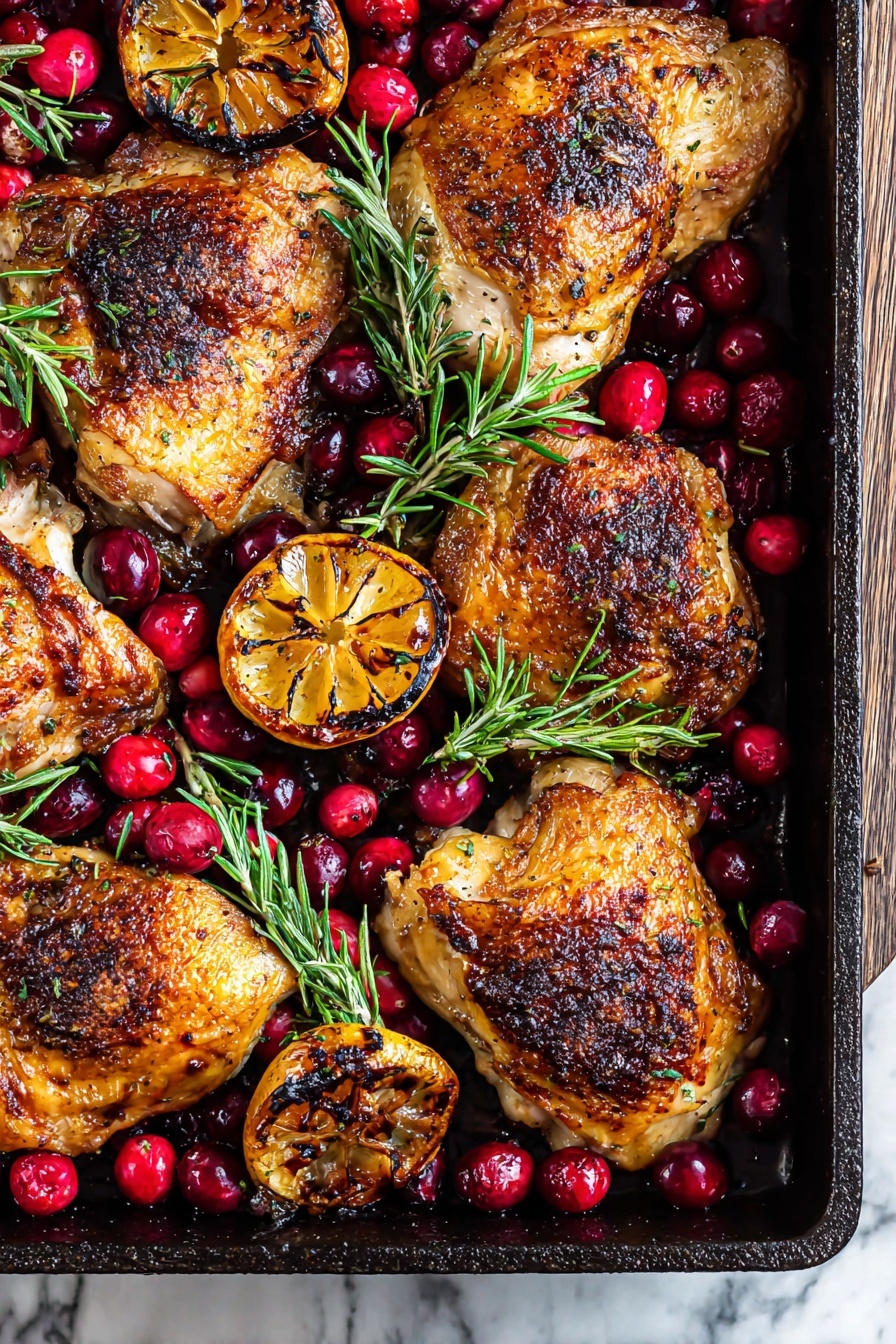 A black roasting pan filled with five pieces of browned roasted chicken with crispy skin, spread across the pan. Inside and around the chicken are bright red fresh cranberries and small green rosemary sprigs. Two halves of a charred lemon with golden browned edges are placed among the chicken. The pan rests on a surface with a white marbled texture. The lighting highlights the juicy texture and rich golden brown colors of the roasted chicken and the vibrant reds of the cranberries photo taken with an iphone --ar 2:3 --v 7 - Cranberry Rosemary Baked Chicken, Cranberry Rosemary Chicken, Baked Chicken with Cranberries, Holiday Chicken Recipes, Easy Fall Dinner Ideas