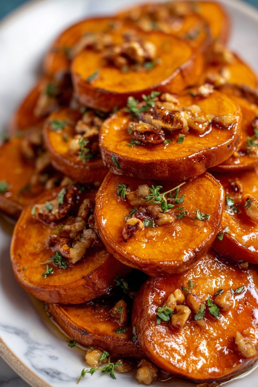 A close-up of many cooked sweet potato slices stacked on a white plate, each slice having a warm orange-brown color with a shiny glazed surface. On top of each slice, there are small pieces of chopped nuts that look crunchy and light brown, mixed with tiny fresh green herb leaves. The sweet potato edges are slightly darker and caramelized, creating a rich contrast with the orange inside. The plate sits on a white marbled surface, and the focus is sharp, showing the texture of the glaze and nuts clearly. photo taken with an iphone --ar 2:3 --v 7 - Maple Pecan Roasted Sweet Potatoes, roasted sweet potato side dish, sweet potato recipes, maple pecan sweet potatoes, easy holiday side dishes