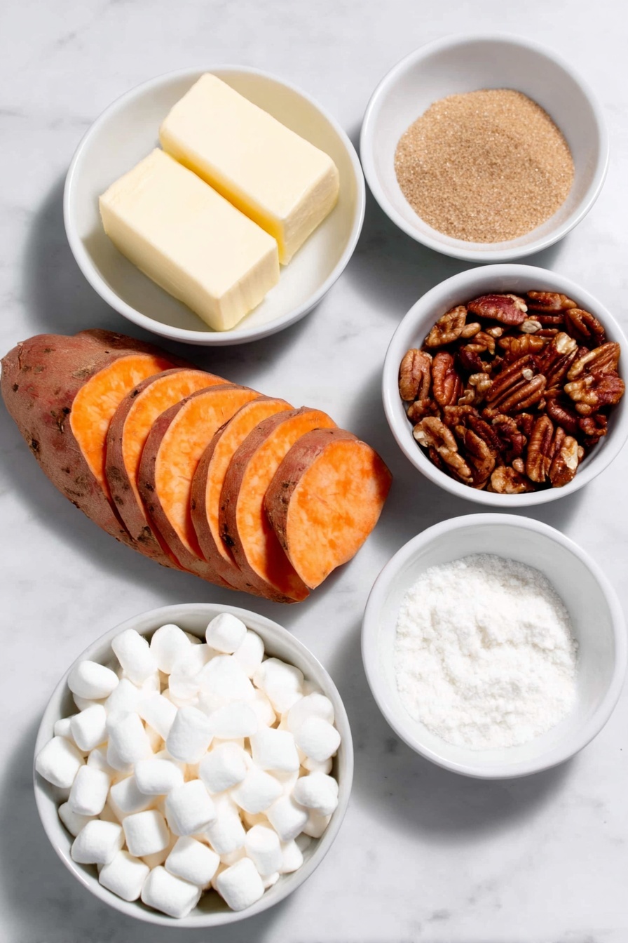 Flat lay of peeled sweet potatoes sliced into thin medallions arranged neatly, a small white ceramic bowl of unsalted butter, a small white ceramic bowl filled with light brown sugar, a small white ceramic bowl containing water, small white ceramic bowls with ground cinnamon, ground cloves, ground nutmeg, and salt each shown as fine powders, a small white ceramic bowl with roughly chopped pecans, and a small white ceramic bowl filled with mini white marshmallows, all ingredients fresh and natural, perfectly symmetrical layout, placed on a clean white marble surface, soft natural light, photo taken with an iPhone, professional food photography style, fresh ingredients, white ceramic bowls, no bottles, no duplicates, no utensils, no packaging --ar 2:3 --v 7 --p m7354615311229779997 - Sweet Potatoes with Spiced Marshmallow Topping, sweet potato side dish, holiday marshmallow sweet potatoes, easy holiday sweet potato recipe, spiced marshmallow topping