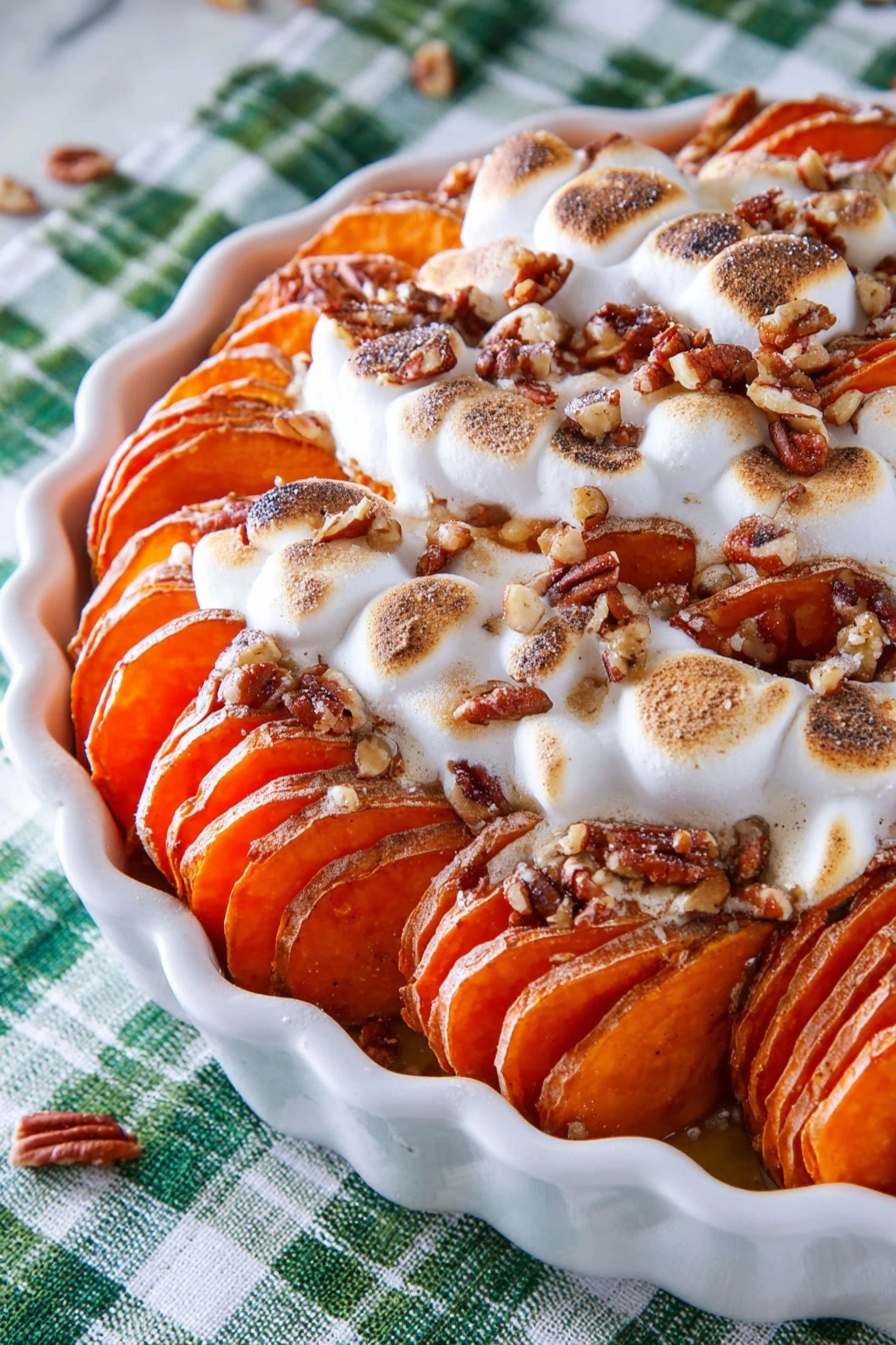 The dish shows three tall stacks of sliced sweet potatoes arranged closely on a white scalloped dish, each slice bright orange with a soft texture. Melted and slightly browned marshmallows cover parts of the sweet potatoes, creating a white and light golden layer with a bubbly texture. Scattered around and between the stacks are small pieces of chopped pecans, adding a crunchy texture and a dark brown color contrast. The dish sits on a green and white plaid cloth with a white marbled surface underneath. The overall look is warm, soft, and inviting with a mix of smooth, crispy, and nutty textures photo taken with an iphone --ar 2:3 --v 7 - Sweet Potatoes with Spiced Marshmallow Topping, sweet potato side dish, holiday marshmallow sweet potatoes, easy holiday sweet potato recipe, spiced marshmallow topping