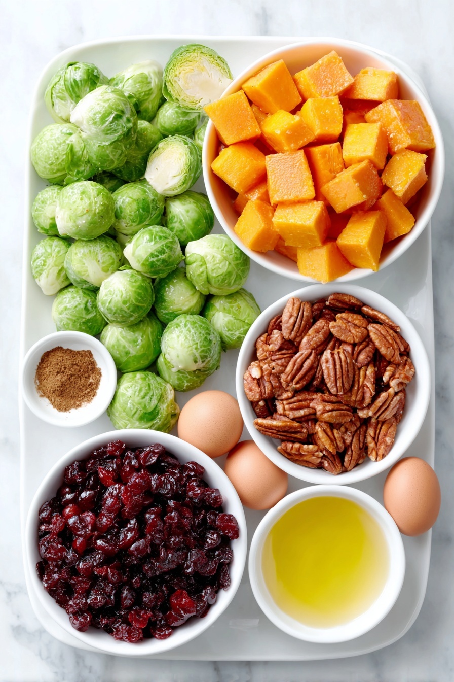 Flat lay of fresh halved Brussels sprouts with bright green leaves, peeled and cubed butternut squash in vibrant orange cubes, a small white ceramic bowl of golden olive oil, a small white ceramic bowl of deep amber maple syrup, a small white ceramic bowl of ground cinnamon powder, a handful of glossy pecan halves, a small pile of dried tart red cranberries, and two whole uncracked brown eggs placed symmetrically, all arranged neatly on a simple white ceramic plate and bowls, placed on a clean white marble surface, soft natural light, photo taken with an iPhone, professional food photography style, fresh ingredients, white ceramic bowls, no bottles, no duplicates, no utensils, no packaging --ar 2:3 --v 7 --p m7354615311229779997 - Roasted Brussels Sprouts and Butternut Squash Salad, Brussels Sprouts and Butternut Squash Salad, healthy roasted vegetable salad, seasonal fall salad, easy holiday side dish