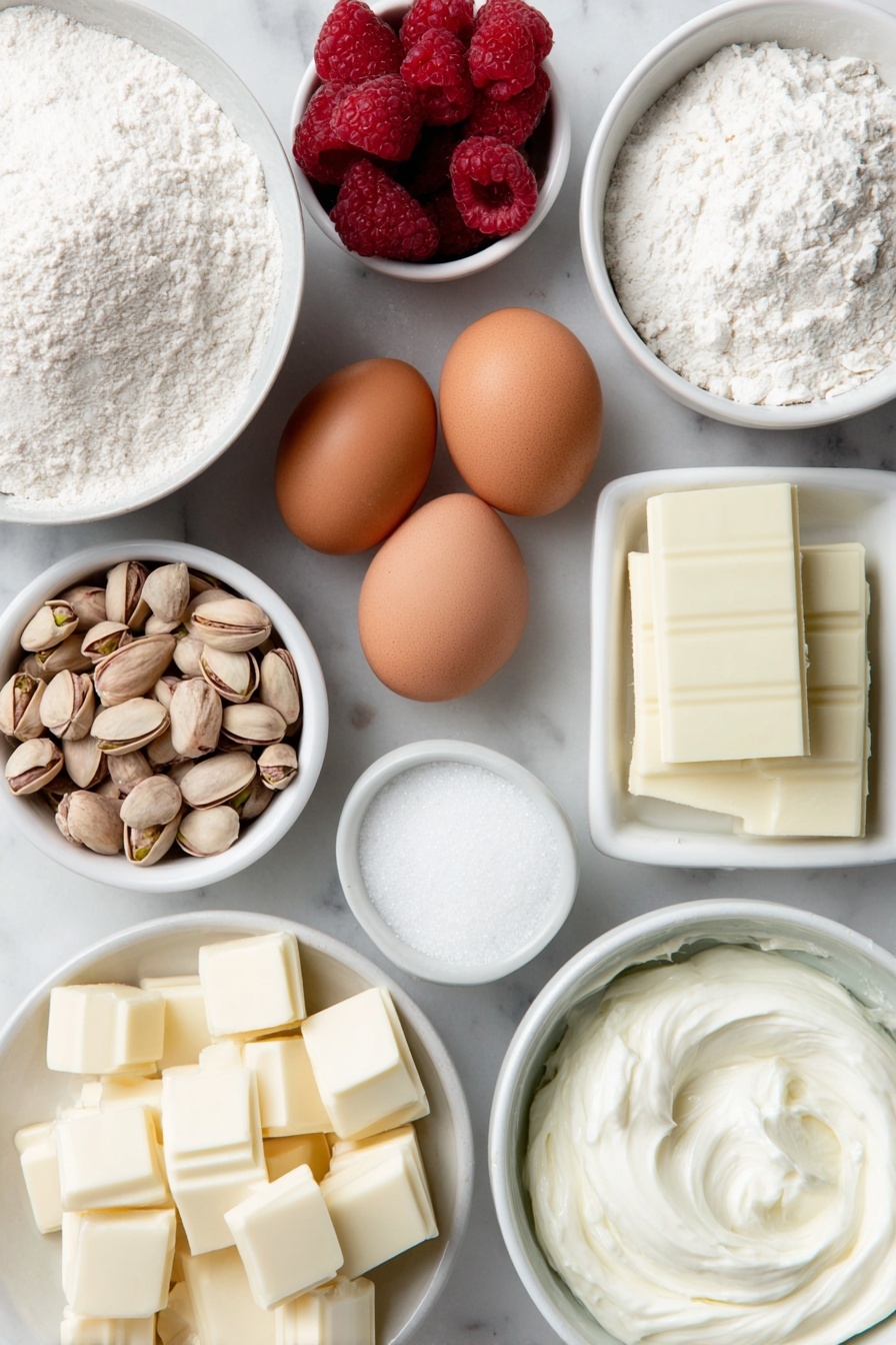 Flat lay of raw whole pistachios scattered beside a small pile of bright red fresh raspberries, four whole uncracked brown eggs with clean shells, a small white ceramic bowl filled with fine white self-raising flour, a small white ceramic bowl of granulated sugar crystals, a small white ceramic bowl with clear hot water, a small white ceramic bowl holding smooth softened unsalted butter, a block of white chocolate broken into chunks, a small white ceramic bowl of thick cream cheese, and a small white ceramic bowl filled with heavy cream, all arranged symmetrically and balanced, placed on a clean white marble surface, soft natural light, photo taken with an iPhone, professional food photography style, fresh ingredients, white ceramic bowls, no bottles, no duplicates, no utensils, no packaging --ar 2:3 --v 7 --p m7354615311229779997 - Christmas Raspberry Pistachio Swiss Roll, festive raspberry pistachio roulade, holiday Swiss roll dessert, Christmas nutty raspberry cake, white chocolate pistachio Swiss roll