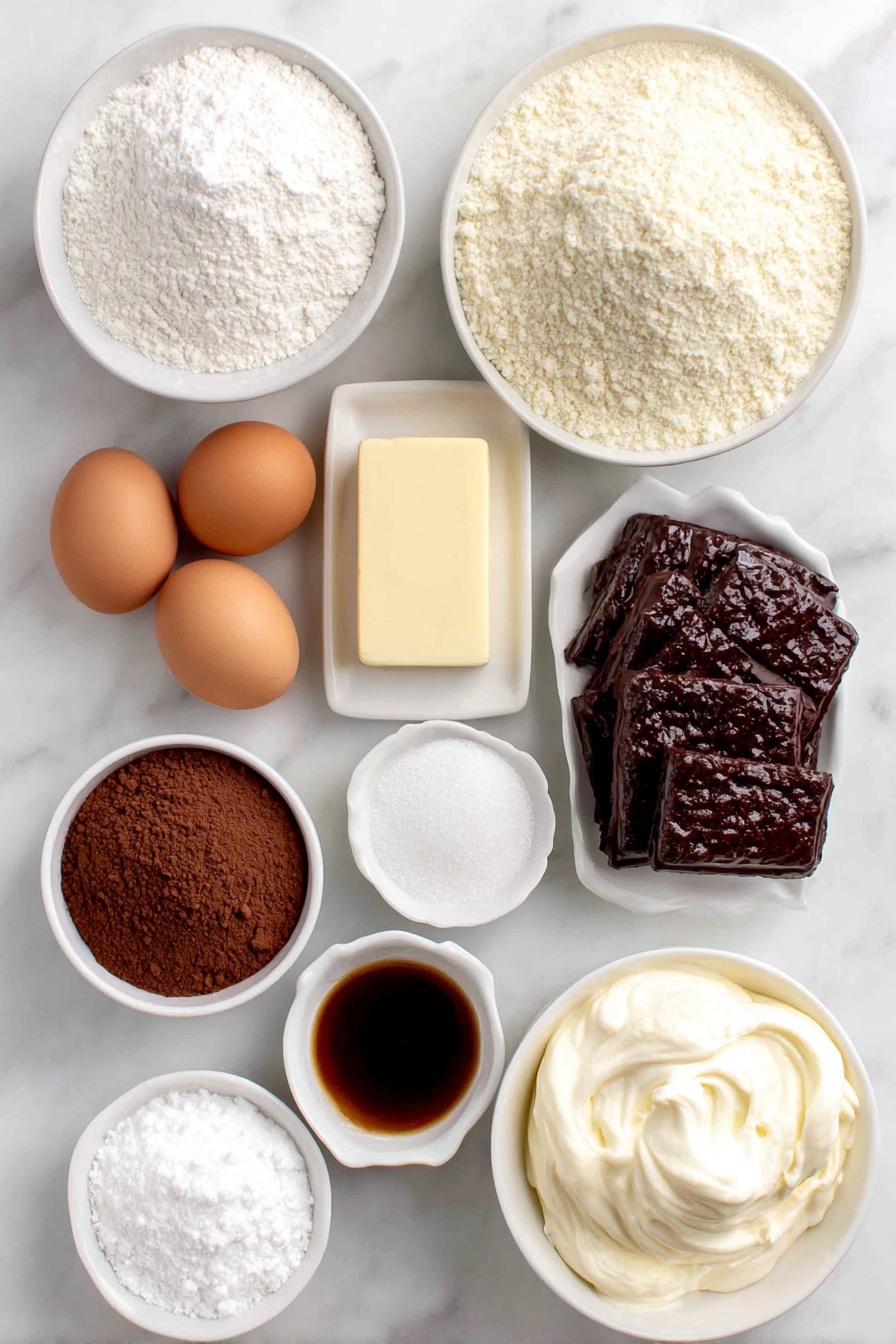 Flat lay of a small mound of fine powdered sugar, a neat pile of light almond flour, three whole clean-shelled brown eggs, a small heap of white granulated sugar, a tiny white ceramic bowl with clear vanilla extract, a small white bowl holding rich brown gel food coloring drops, a square of creamy salted butter, a white bowl filled with fluffy powdered sugar, a small bowl with pale heavy whipping cream, a small white bowl containing smooth cocoa powder, a small white bowl with meringue powder, and three small white bowls each with vivid royal icing in red, black, and brown colors, all arranged symmetrically on a clean white marble surface, soft natural light, photo taken with an iPhone, professional food photography style, fresh ingredients, white ceramic bowls, no bottles, no duplicates, no utensils, no packaging --ar 2:3 --v 7 --p m7354615311229779997 - Christmas Reindeer Macarons, festive holiday macarons, reindeer-themed cookies, holiday baking ideas, easiest Christmas treats