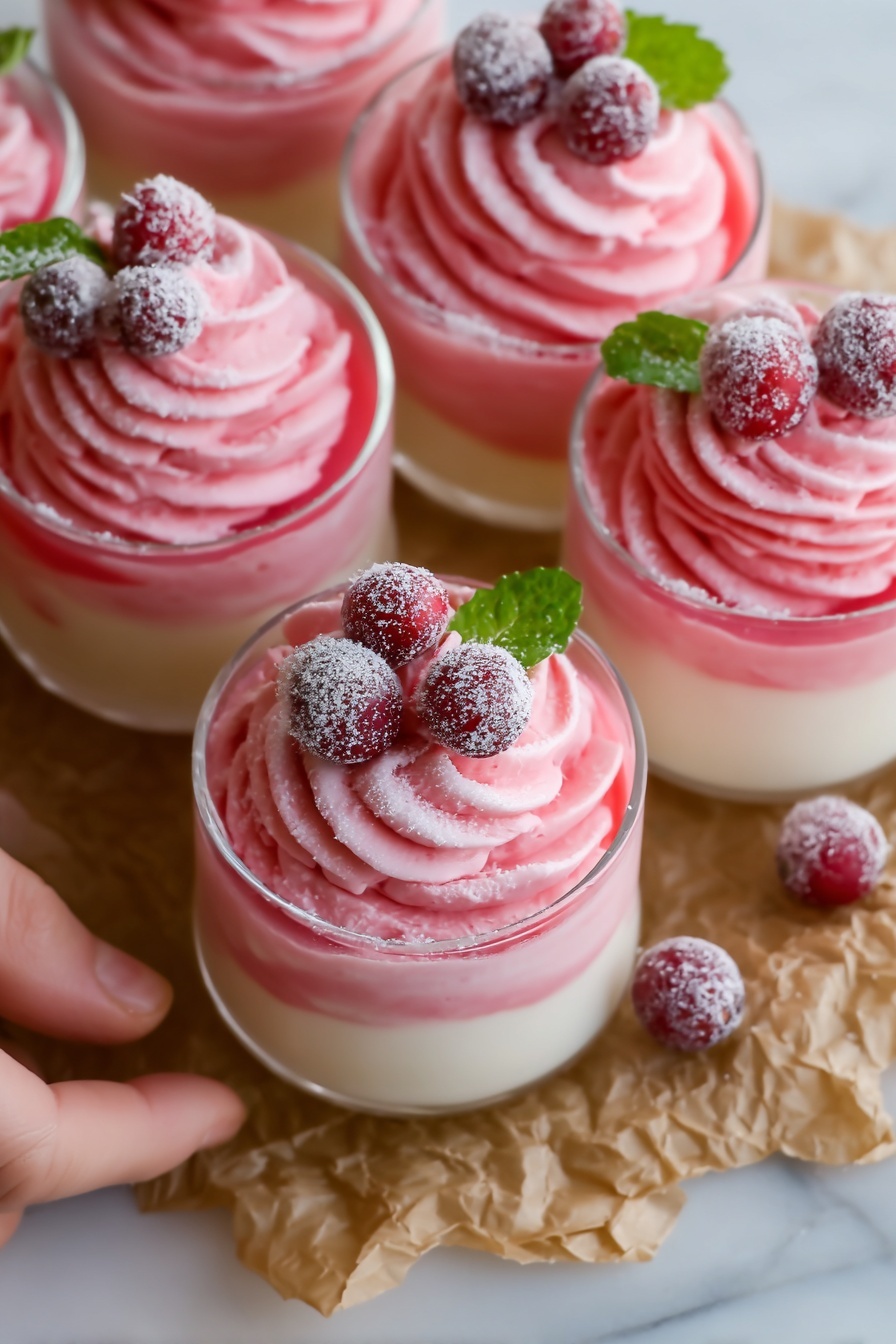 Four clear glass cups filled with three visible layers: the bottom layer is creamy white, the middle layer is pink with a smooth texture, and the top layer is bright pink whipped cream swirled into peaks. Each cup is decorated with three fresh red cranberries dusted with white powdered sugar and two small green mint leaves. The cups sit on crumpled brown parchment paper on a white marbled surface. A woman's hand is gently holding one of the cups from the side. Photo taken with an iphone --ar 2:3 --v 7 - Festive Cranberry Mousse Cups, holiday cranberry mousse, easy holiday dessert, Christmas mousse cups, festive cranberry dessert