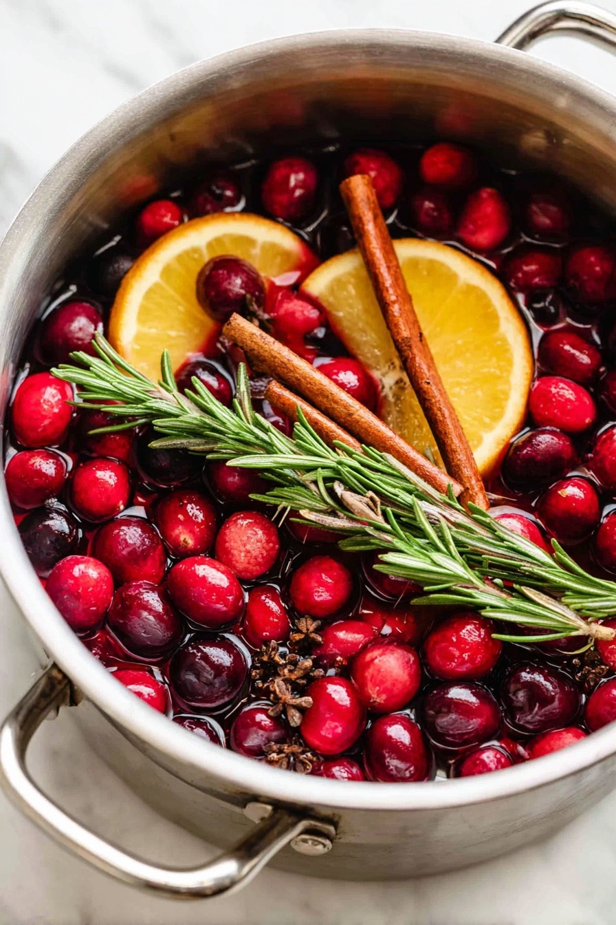 A metal pot filled with a mix of bright red and dark red cranberries floating on top, along with two whole cinnamon sticks laying diagonally across the surface. There are two large, yellow-orange lemon slices partially submerged, adding a bright color contrast. Green sprigs of rosemary are placed among the cranberries, and small brown cloves are scattered throughout, creating a warm and cozy look. The pot sits on a white marbled surface. photo taken with an iphone --ar 2:3 --v 7 - Festive Christmas Potpourri, Christmas Potpourri Aromas, Holiday Home Fragrance, Christmas Scented Potpourri, Festive Holiday Decor