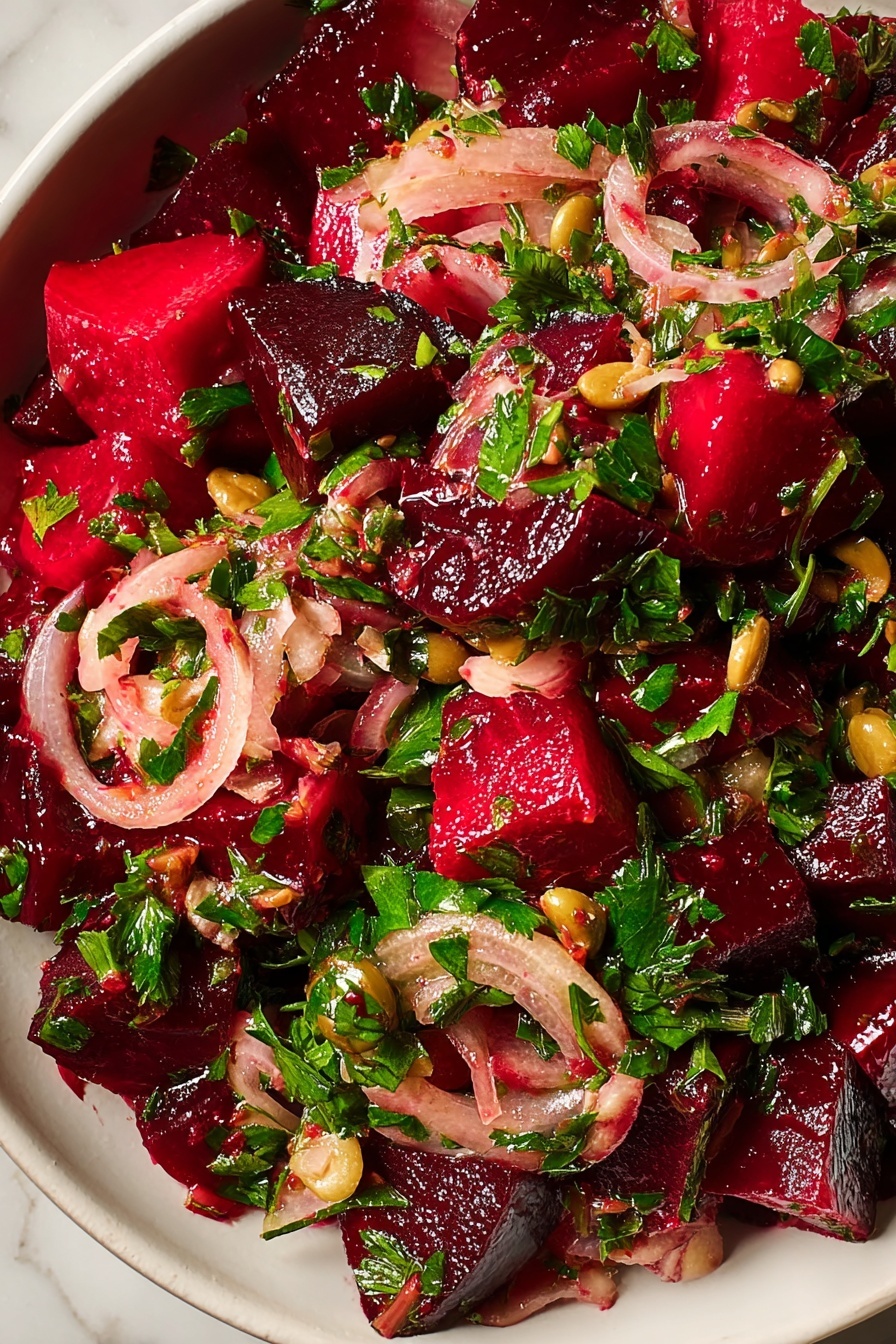 A close-up view of a salad in a white bowl placed on a white marbled surface, showing three main layers: deep red, glossy cubes of beetroot scattered all over, thin, curved slices of pale pink pickled onions intermixed throughout, and bright green chopped parsley leaves finely spread for freshness. The ingredients are coated in a light, shiny dressing that adds a slight glisten to the pieces, with some small beige olive slices sparsely visible. The mix looks fresh, moist, and colorful with a mix of smooth beetroot, soft onion curls, and crisp herb textures. Photo taken with an iphone --ar 2:3 --v 7 - Quick Pickled Beet Salad, easy beet salad with pickled onions, healthy colorful beet salad, tangy beet and olive salad, simple vegetable salad with beets