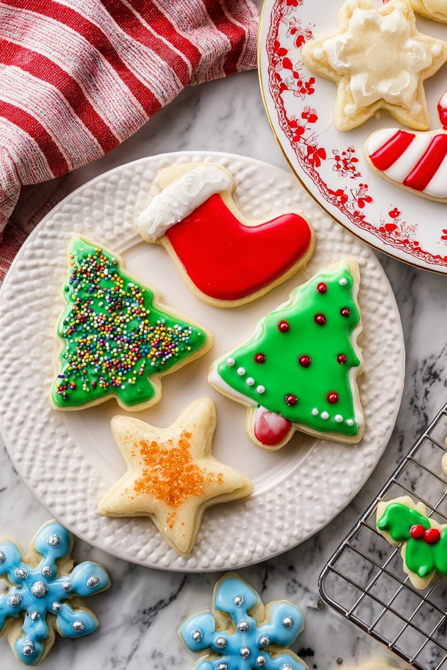 There is a white plate with textured edges holding five decorated Christmas cookies: a green Christmas tree with red and white sprinkles and a cluster of yellow dots at the top, a red stocking with smooth red and white icing layers, a white star with orange sugar crystals on top, and two small holly leaf cookies with green icing and a red ball at the stem. To the right is a white plate with a red floral pattern, holding a larger candy cane cookie with red and white stripes, a green Christmas tree with red and white sprinkles and yellow dots on top, two small green holly leaves with a red ball, and a small round red cookie. Below this plate is a cooling rack with a blue snowflake cookie decorated with white icing dots and silver balls at the tips. The cookies sit on a white marbled surface with a red and white striped cloth partially visible in the background. Photo taken with an iphone --ar 2:3 --v 7 - Soft Cutout Sugar Cookies, sugar cookies for decorating, tender sugar cookie recipe, easy cutout cookies, soft cookie dough