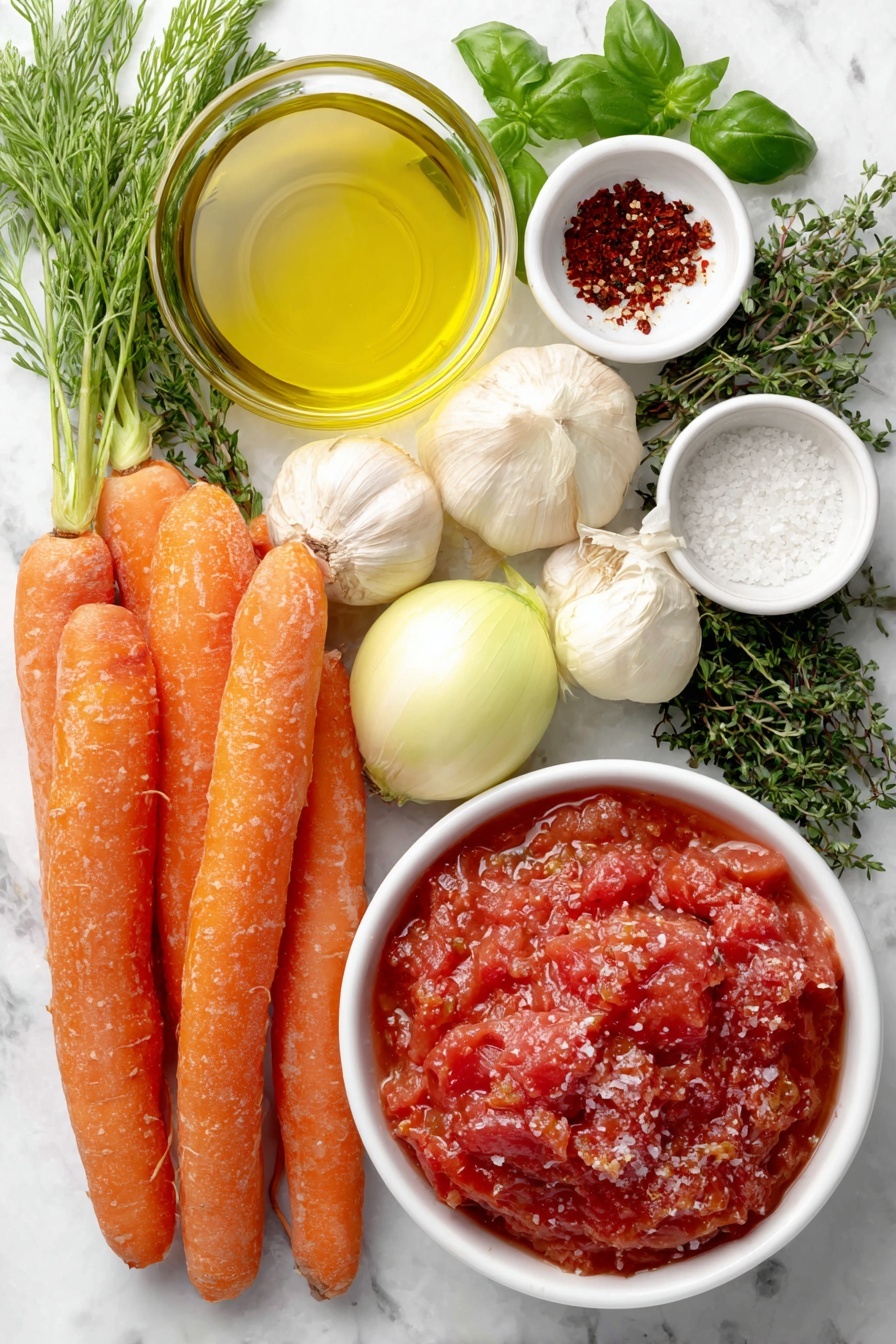 Flat lay of a small white ceramic bowl of golden olive oil, a large yellow onion whole and unpeeled, three medium fresh orange carrots with green tops, four whole garlic bulbs with papery skin, a small white ceramic bowl filled with deep red tomato paste, a small white ceramic bowl of crushed red pepper flakes, a small pile of fresh bright green basil leaves and tender stems, a small pile of fresh thyme sprigs with tiny green leaves, a large white ceramic bowl filled with bright red crushed tomatoes, a small white ceramic bowl of clear vegetable broth, a small white ceramic bowl of pale cream, kosher salt and black peppercorns in small white bowls placed symmetrically, all arranged with perfect balance and symmetry placed on a clean white marble surface, soft natural light, photo taken with an iPhone, professional food photography style, fresh ingredients, white ceramic bowls, no bottles, no duplicates, no utensils, no packaging --ar 2:3 --v 7 --p m7354615311229779997 - Creamy Tomato Soup with Fresh Basil, tomato basil soup, homemade tomato soup, easy creamy tomato soup, comforting tomato soup recipe