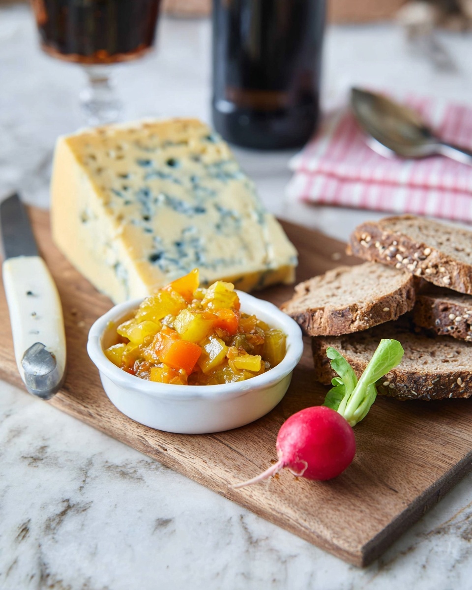 The image shows a wooden board with several food items arranged on it, placed on a white marbled surface. In the front center is a small white bowl filled with a colorful mixture of yellow and orange chunky vegetable pickle or relish. Behind it, to the left, is a large wedge of pale yellow cheese with blue-green mold veins. To the right are four slices of brown multigrain bread with visible seeds. A white-handled knife lies next to the bread, and a small bright red radish with green leaves sits nearby. In the background, a dark bottle and a pink and white striped napkin with a spoon on top are softly out of focus. photo taken with an iphone --ar 4:5 --v 7