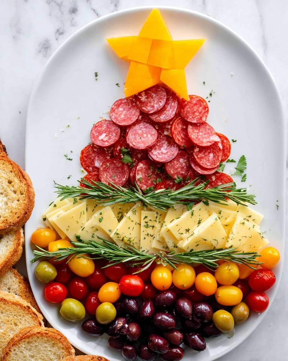 The image shows a Christmas tree made from food on a white plate placed on a white marbled surface. The tree has five layers: the top layer is a bright yellow cheese cut in the shape of a star, under it is a layer of folded red salami slices creating a textured look, below that are slices of pale yellow cheese with some herbs visible, arranged in angled triangles with sprigs of green rosemary for decoration, then a colorful layer of small red and yellow cherry tomatoes, and the bottom layer is made of dark purple and green olives. To the left side of the plate, there are some round toasted bread slices partially visible. photo taken with an iphone --ar 4:5 --v 7
