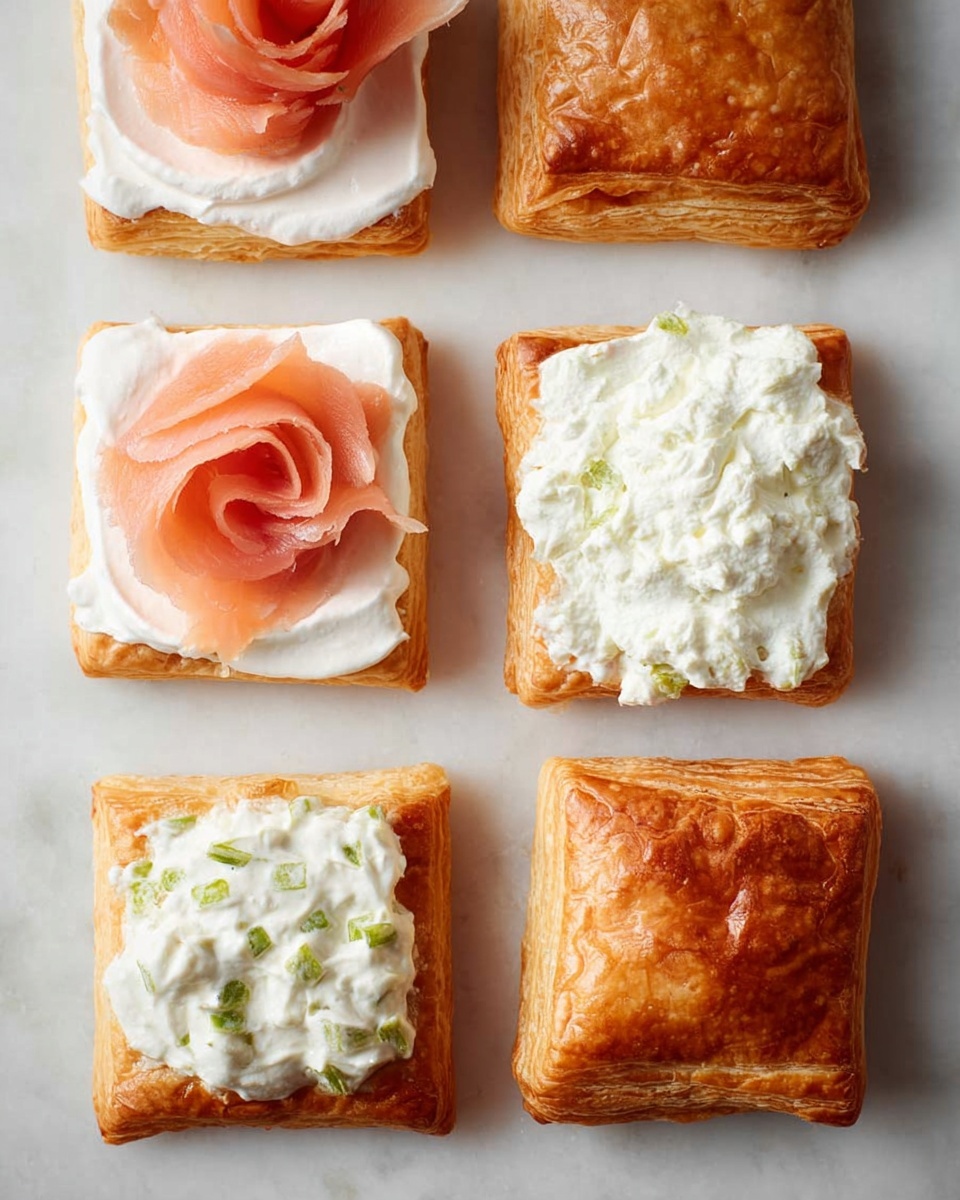 The image shows six square puff pastry pieces arranged in two columns on a white marbled surface. The top left puff pastry has a smooth layer of white cream spread evenly, topped with a thin, rose-shaped slice of pink smoked salmon with soft folds. Below it, another puff pastry holds a thick spread of white cream mixed with small green bits, creating a textured layer that slightly spills over the edges. On the right side, the two visible puff pastries are plain without any toppings, showing their golden-brown, flaky, and slightly puffed texture with crisp edges. The photo taken with an iphone --ar 4:5 --v 7