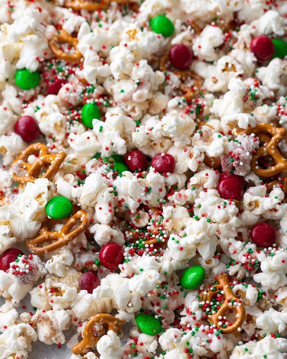 A large white bowl filled with a festive mix of white popcorn coated in a white drizzle, scattered with small red and green round candies and tiny multicolored sprinkles. Interspersed among the popcorn are light brown pretzels with a glossy finish. Some popcorn and candies spill onto the white marbled surface around the bowl, accompanied by a red ribbon placed casually nearby. The background is dark, which makes the bright and colorful snack mix stand out. photo taken with an iphone --ar 4:5 --v 7