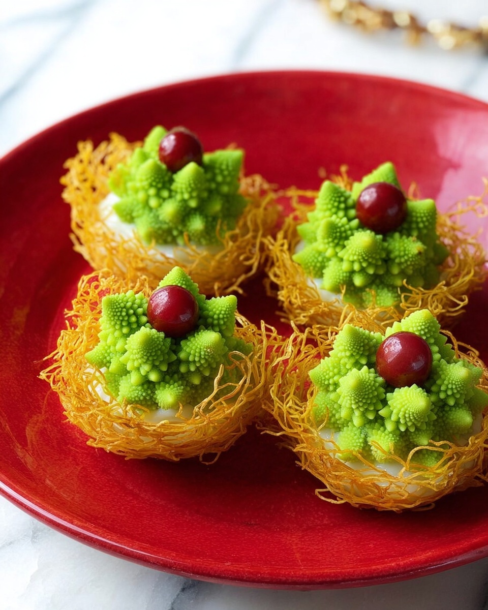 Four small, round nests made of thin, crispy, golden-yellow strands sit on a red plate on a white marbled surface. Each nest has a soft white creamy layer inside it, topped with a bright green, textured Romanesco broccoli piece shaped like a small tree. A single shiny red seed rests on top of each green piece, adding a pop of color. Photo taken with an iphone --ar 4:5 --v 7